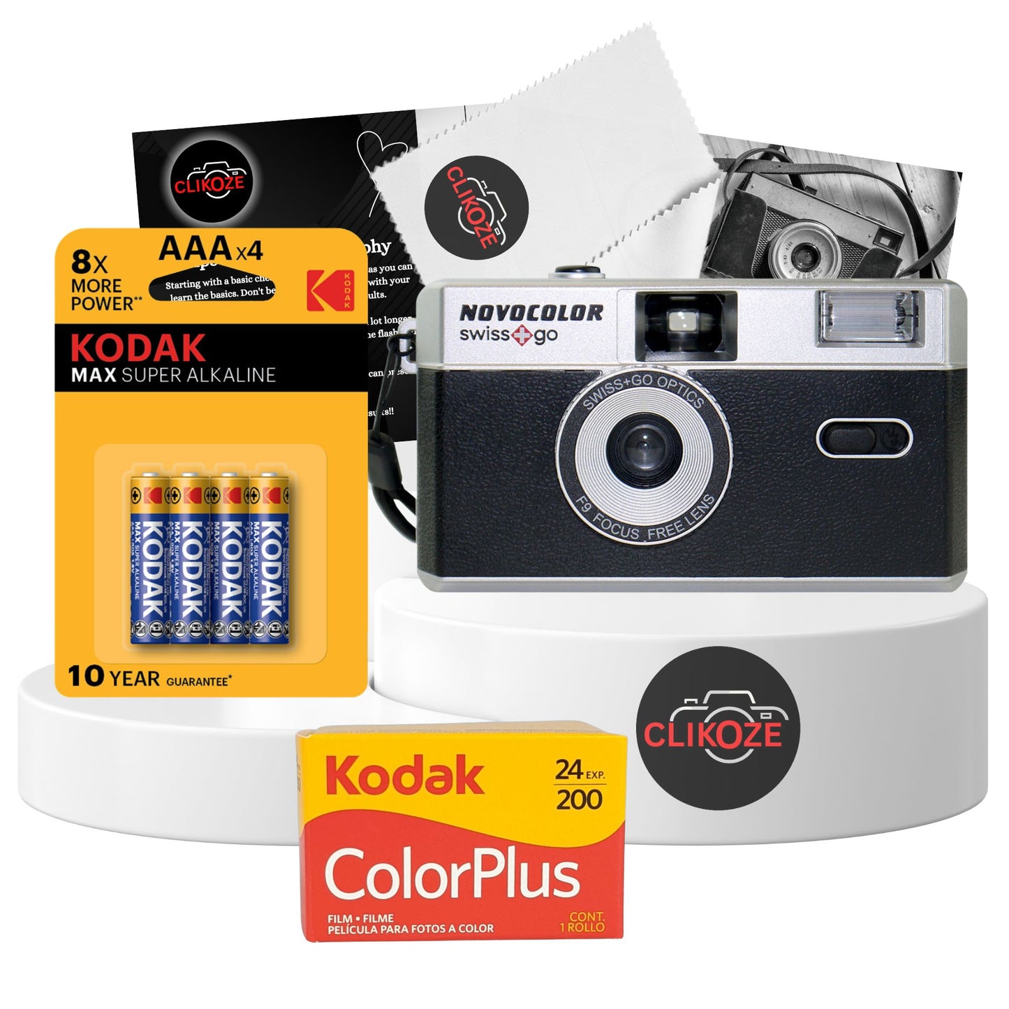 Black Swiss+Go Novocolor 35mm Reusable Analog Camera with Flash, Kodak ColorPlus Film, AAA Battery, and Photography Tips Card