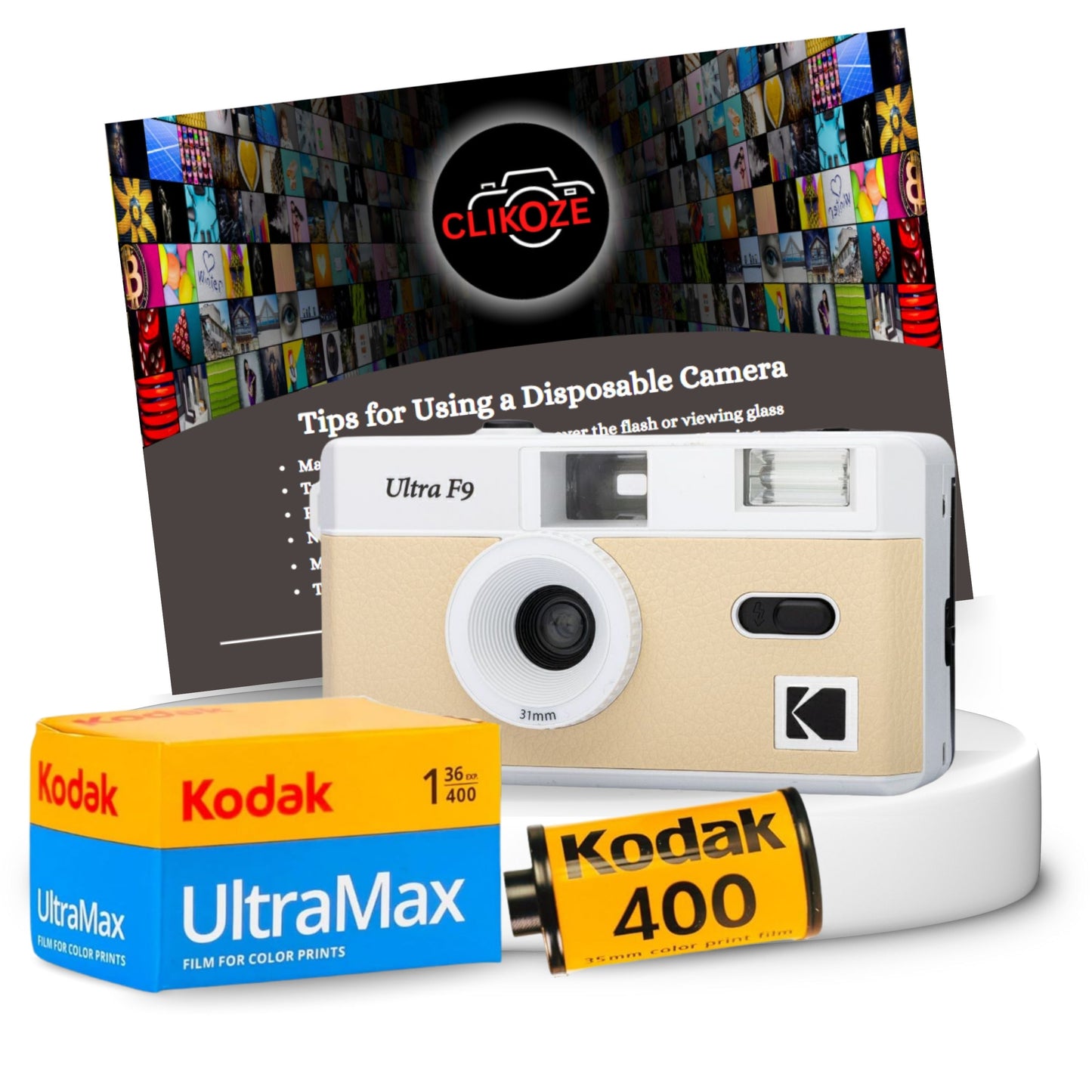 Capture vibrant memories with the Kodak Ultra F9 Film Camera Bundle in Light Beige. Includes Kodak Ultramax 35mm film for rich, true-to-life colours and a Clikoze Photography Tips Card to enhance your skills. Perfect for classic film photography enthusiasts.