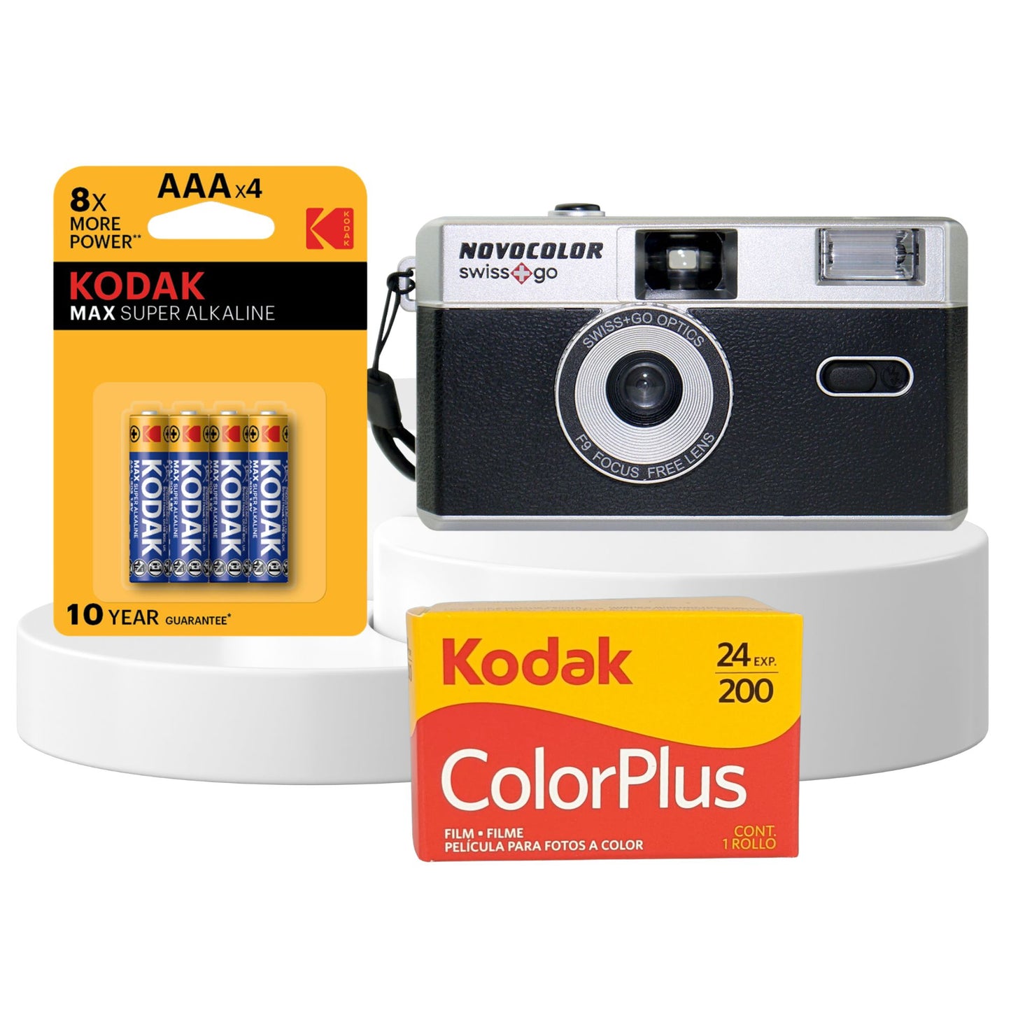 Swiss+Go Novocolor 35mm Reusable Analog Camera with Flash & Kodak ColorPlus Film, Batteries & Photography Tips Card (Black)