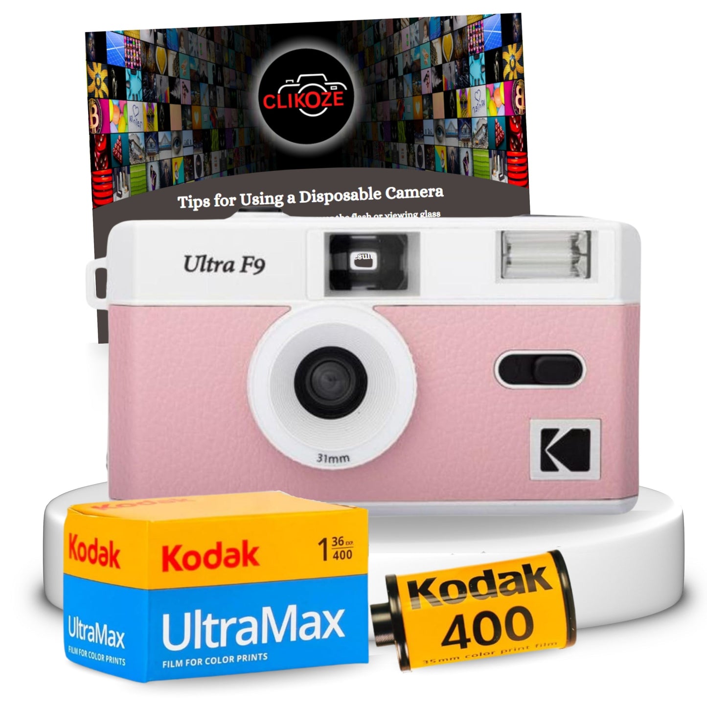 Capture vibrant memories with the Kodak Ultra F9 Film Camera Bundle in Baby Pink. Includes Kodak Ultramax 35mm film for rich, true-to-life colours and a Clikoze Photography Tips Card to enhance your skills. Perfect for classic film photography enthusiasts.