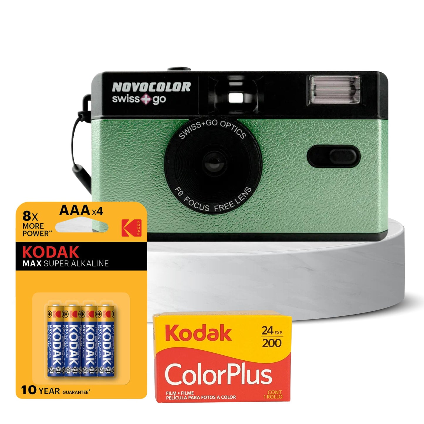 Swiss+Go Novocolor 35mm Reusable Camera with Kodak Color Plus Film, Flash, Battery & Tips (Green)