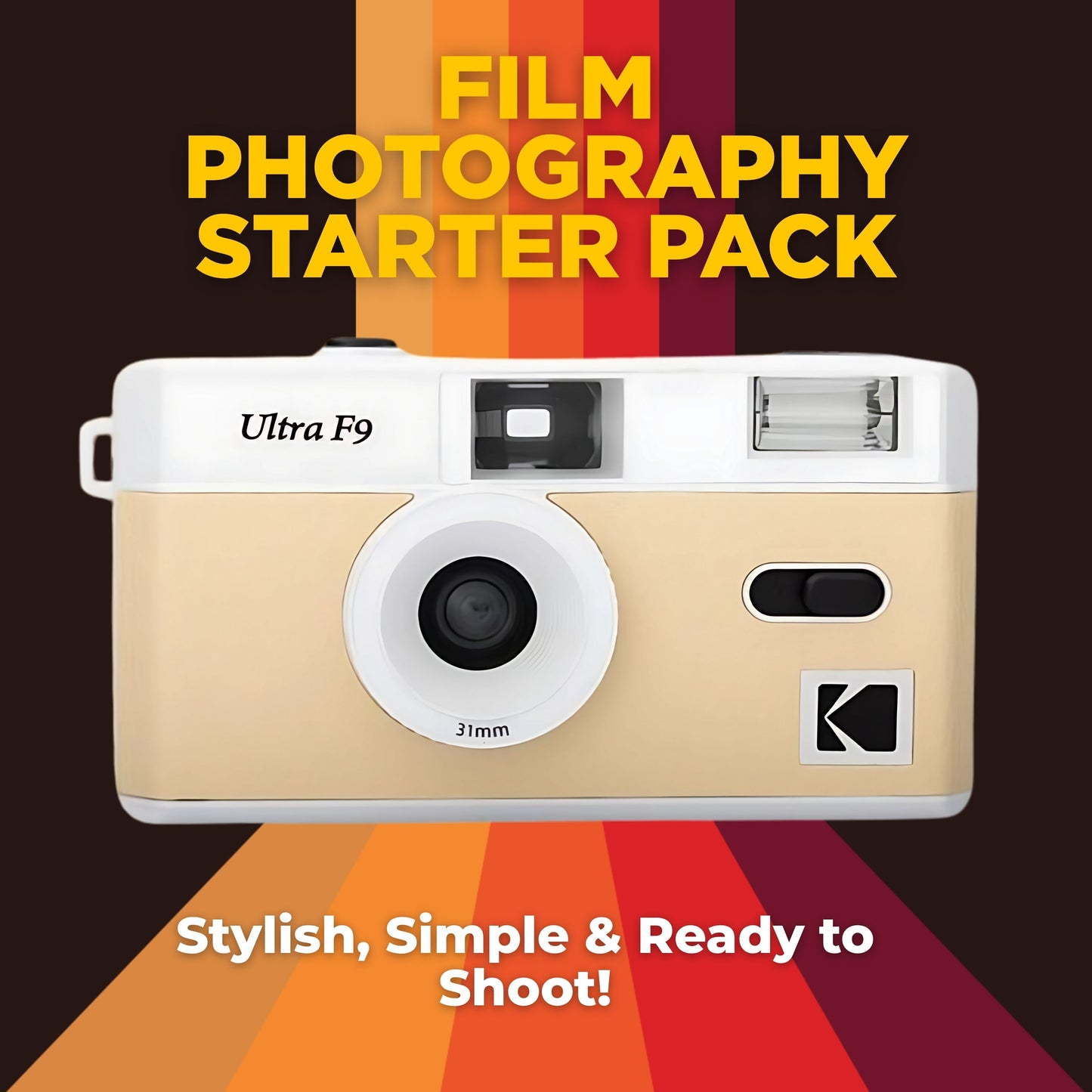 Kodak Ultra F9 Film Camera Bundle - Light Beige, Kodak Ultramax 35mm Film & Photography Tips Card