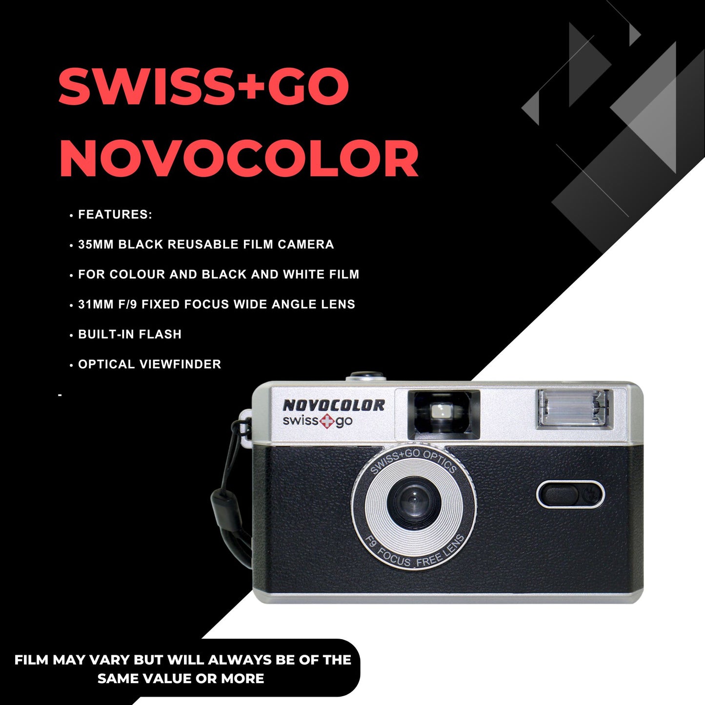 Swiss+Go Novocolor 35mm Reusable Analog Camera with Flash & Kodak ColorPlus Film, Batteries & Photography Tips Card (Black)
