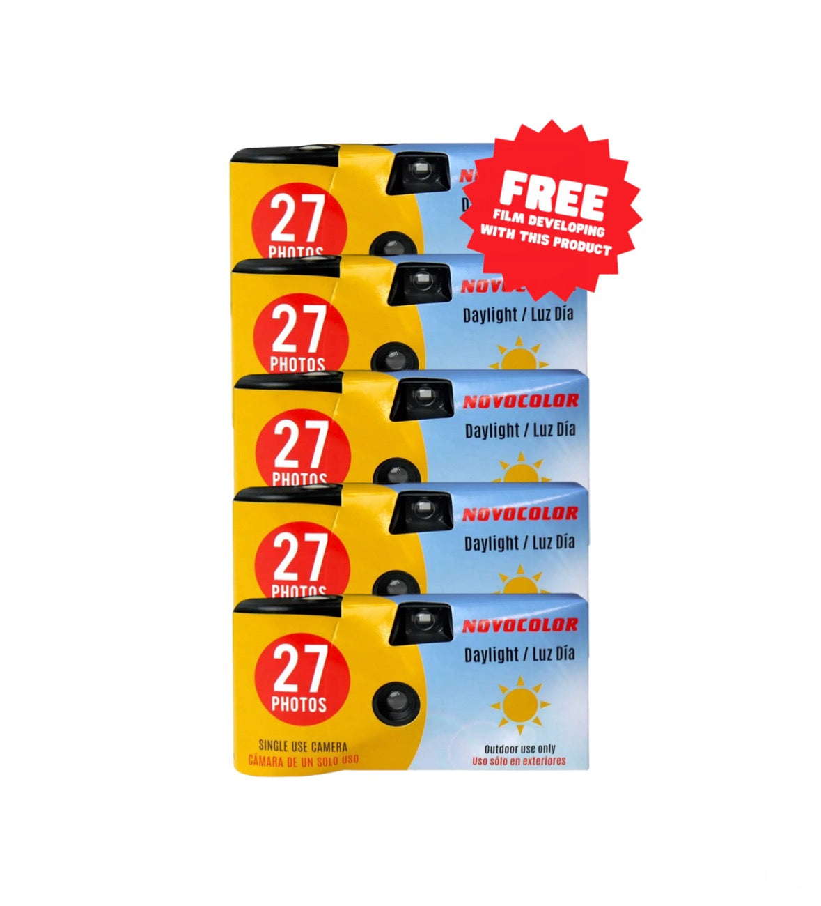 Novocolor Daylight Recycled Disposable Camera x5 bundle - With developing & Scans