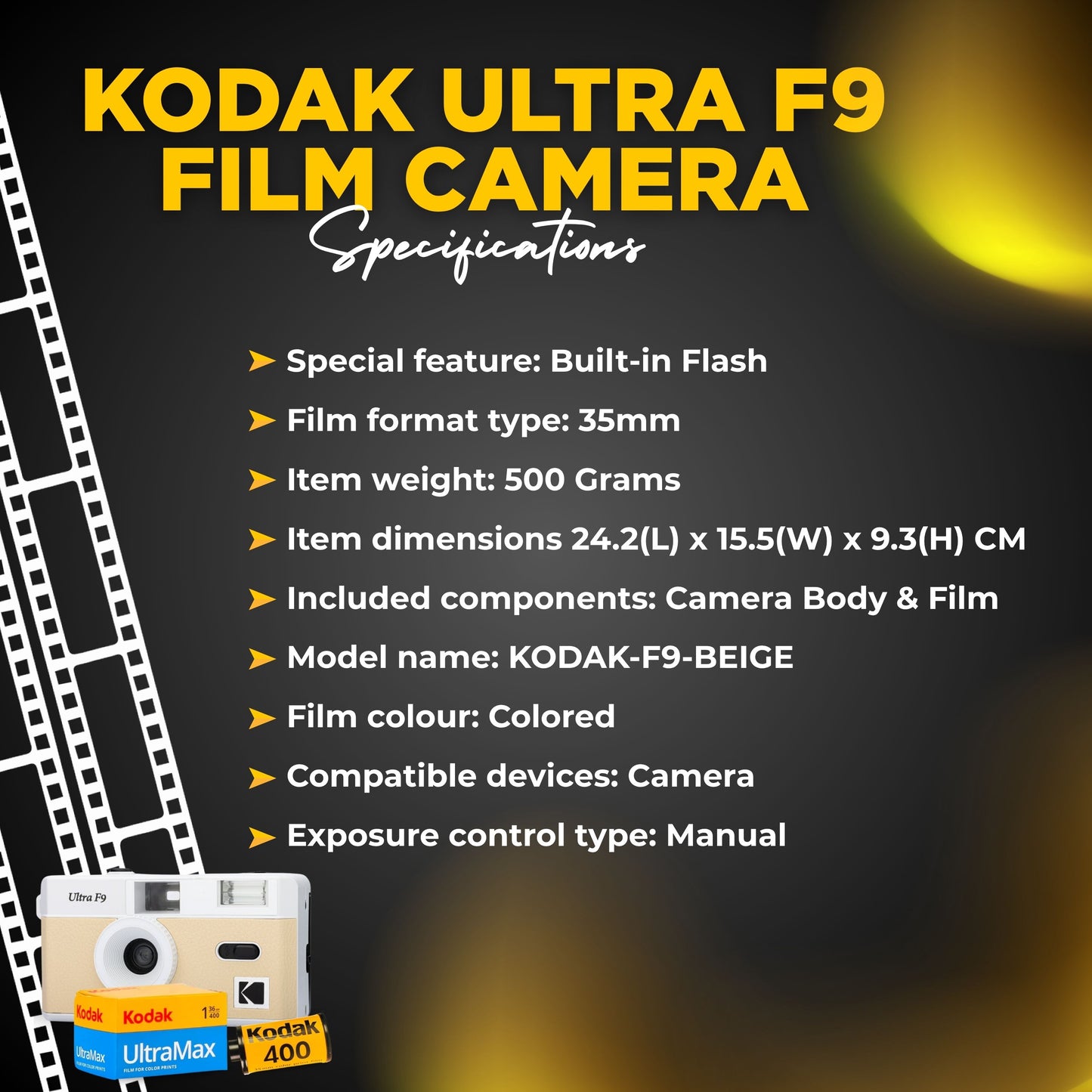 Kodak Ultra F9 Film Camera Bundle - Light Beige, Kodak Ultramax 35mm Film & Photography Tips Card