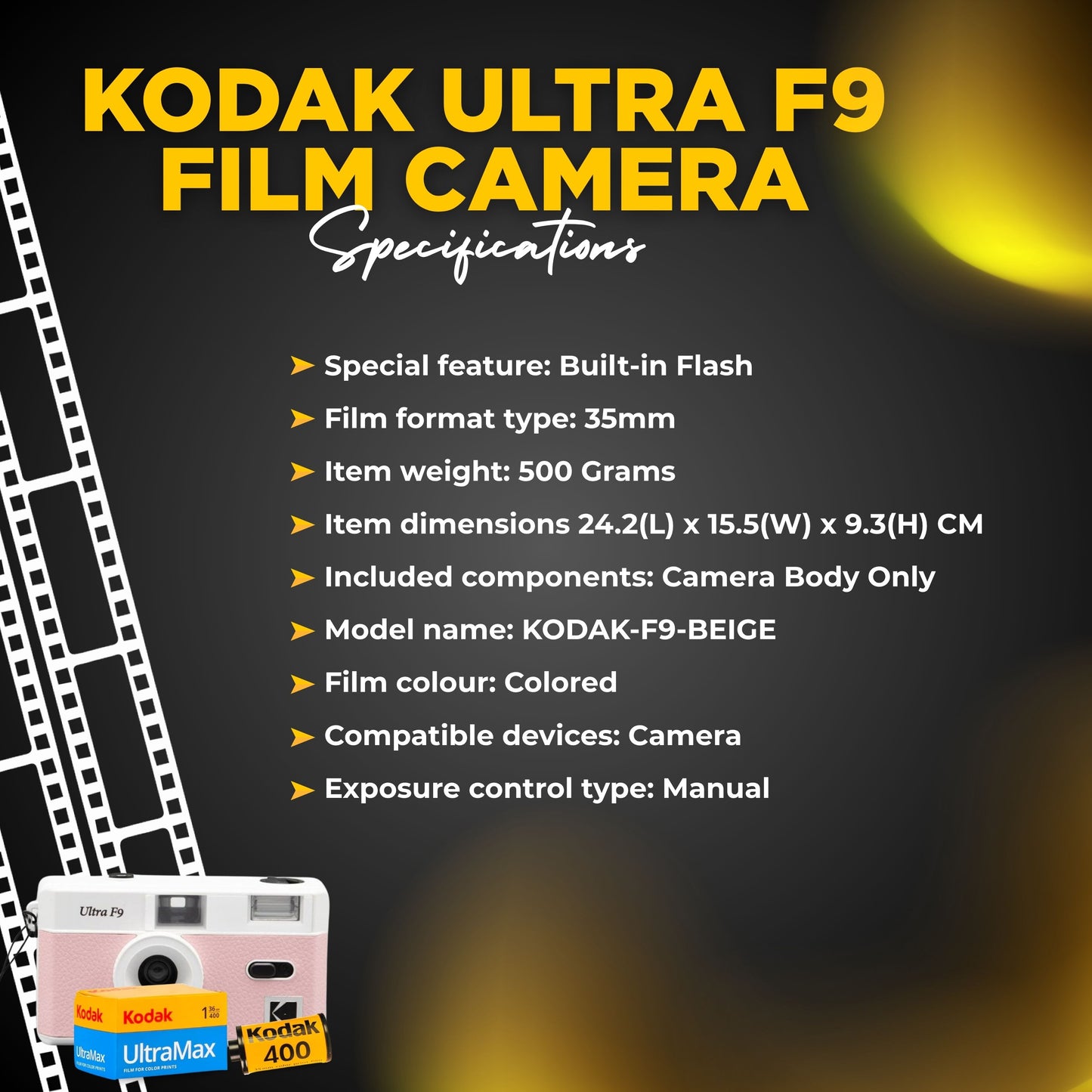 Kodak Ultra F9 Film Camera Bundle - Baby Pink, Kodak Ultramax 35mm Film & Photography Tips Card