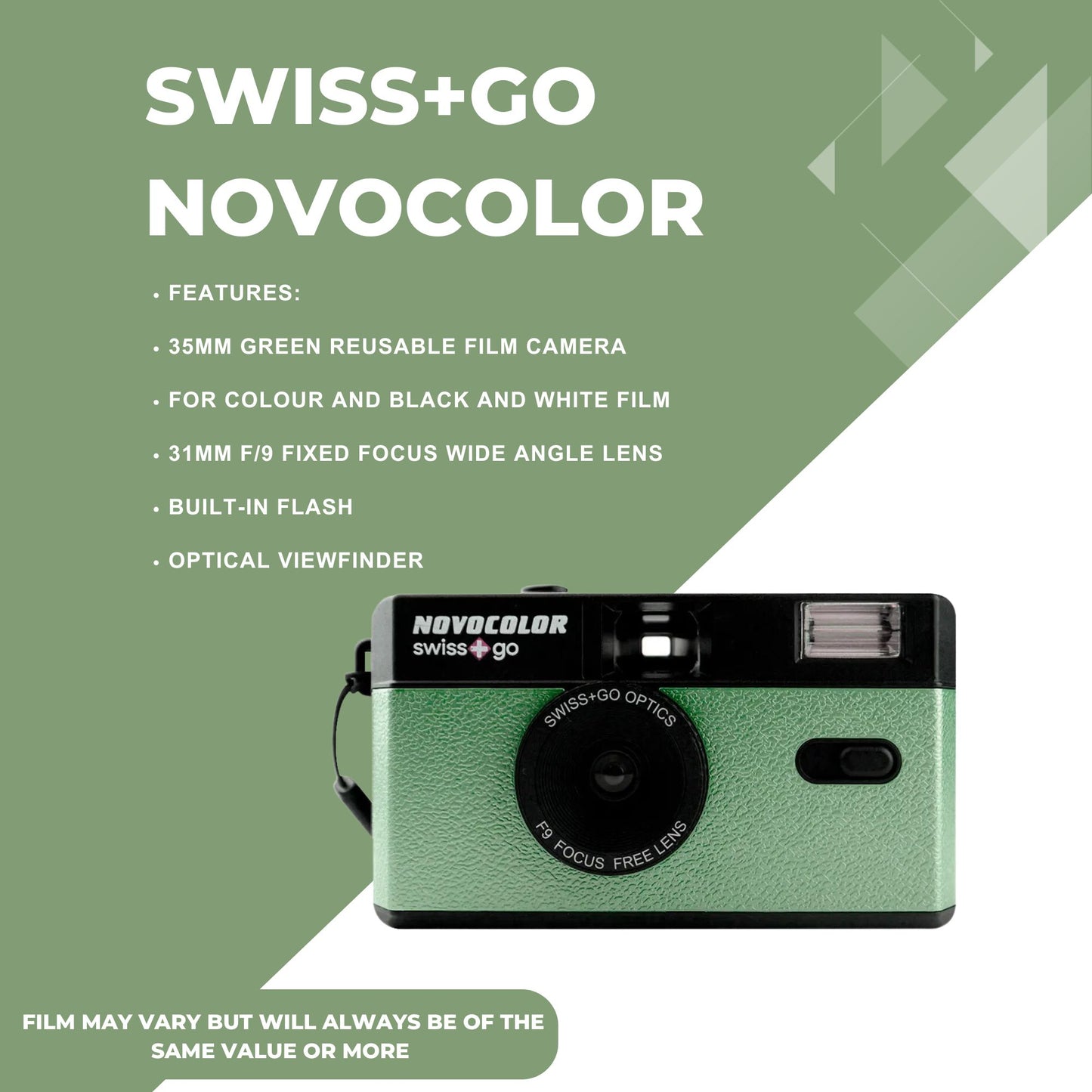 Swiss+Go Novocolor 35mm Reusable Camera with Kodak Color Plus Film, Flash, Battery & Tips (Green)