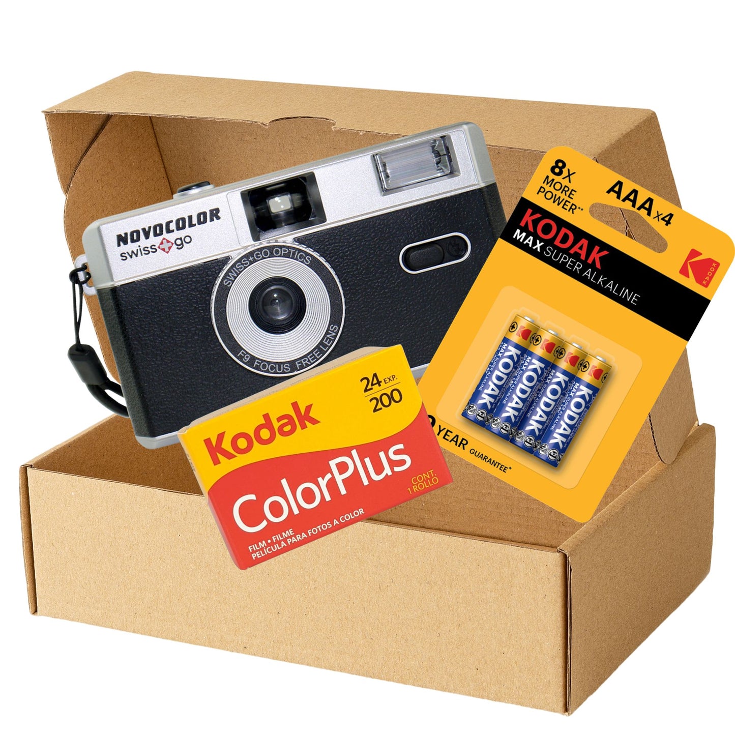 Swiss+Go Novocolor 35mm Reusable Analog Camera with Flash & Kodak ColorPlus Film, Batteries & Photography Tips Card (Black)