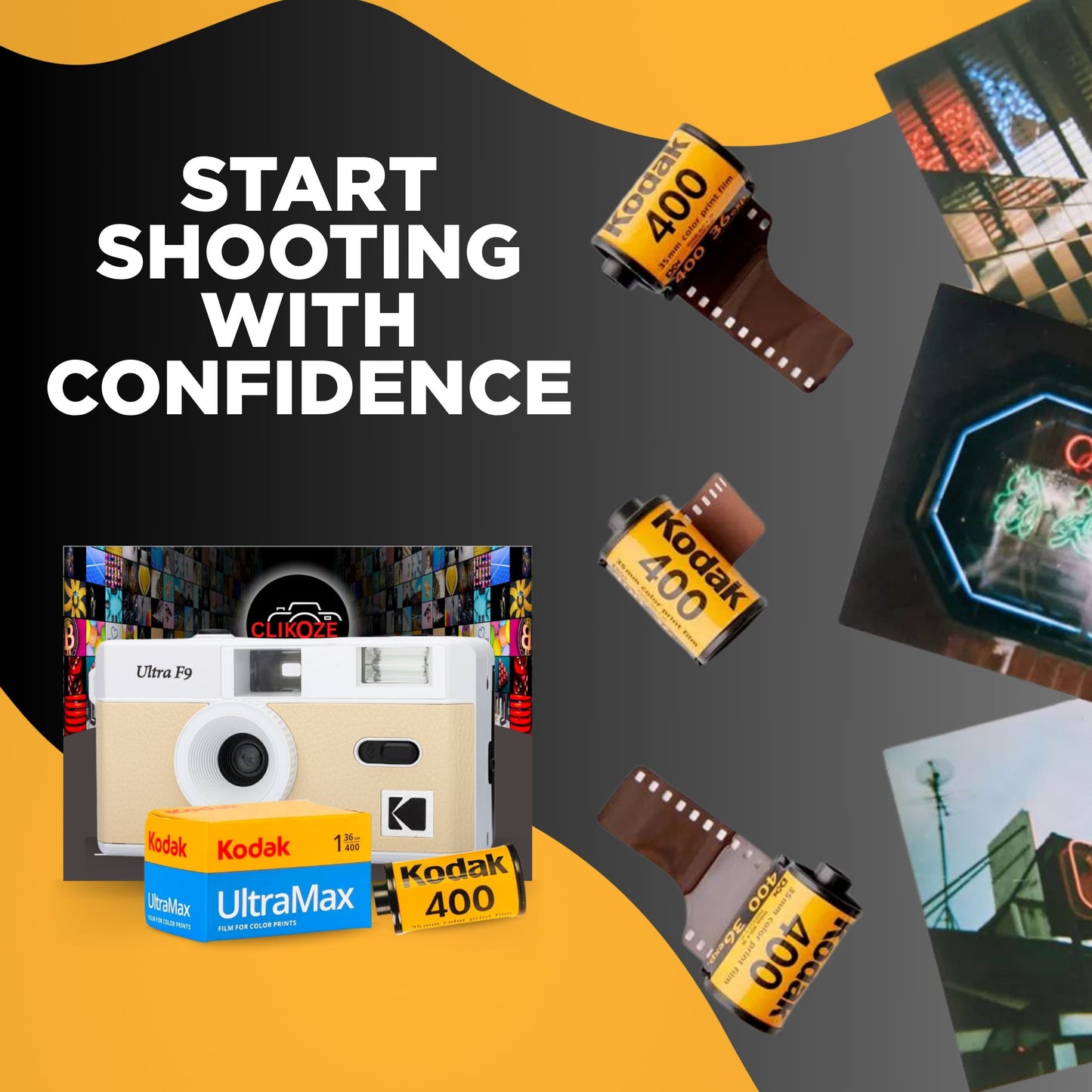 Kodak Ultra F9 Film Camera Bundle - Light Beige, Kodak Ultramax 35mm Film & Photography Tips Card