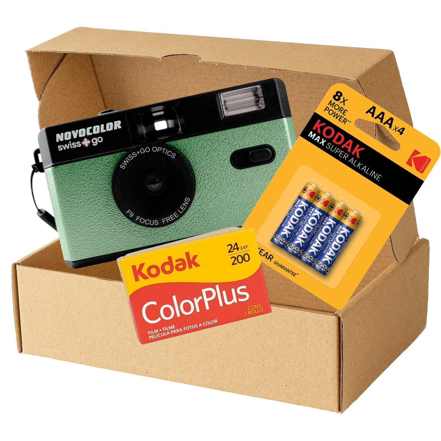 Swiss+Go Novocolor 35mm Reusable Camera with Kodak Color Plus Film, Flash, Battery & Tips (Green)