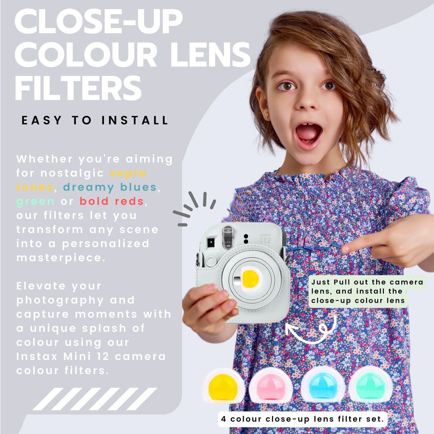 Clikoze Instant Camera Accessories Bundle for Instax Mini 12 - including Case, Album, Selfie Mirror & More (Clay White)
