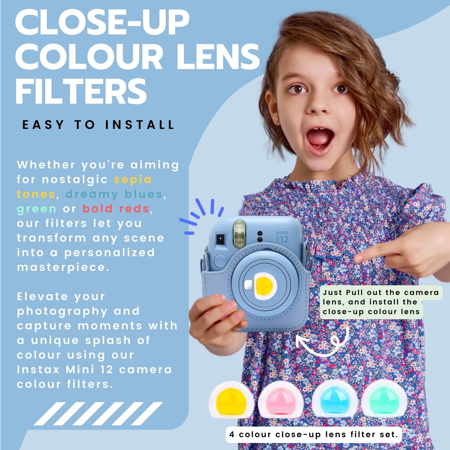 Clikoze Instant Camera Accessories Bundle for Instax Mini 12 including - Case, Album, Selfie Mirror & More (Pastel Blue)