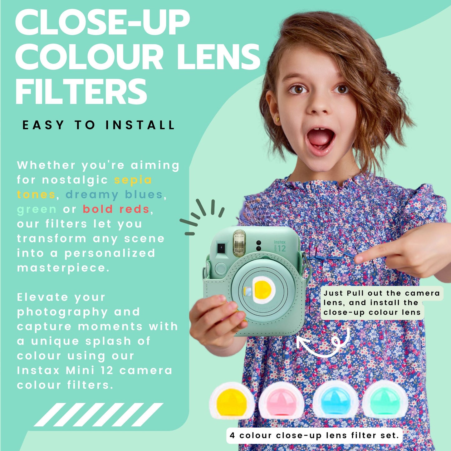 Clikoze Instant Camera Accessories Bundle for Instax Mini 12 including - Case, Album, Selfie Mirror & More (Mint Green)
