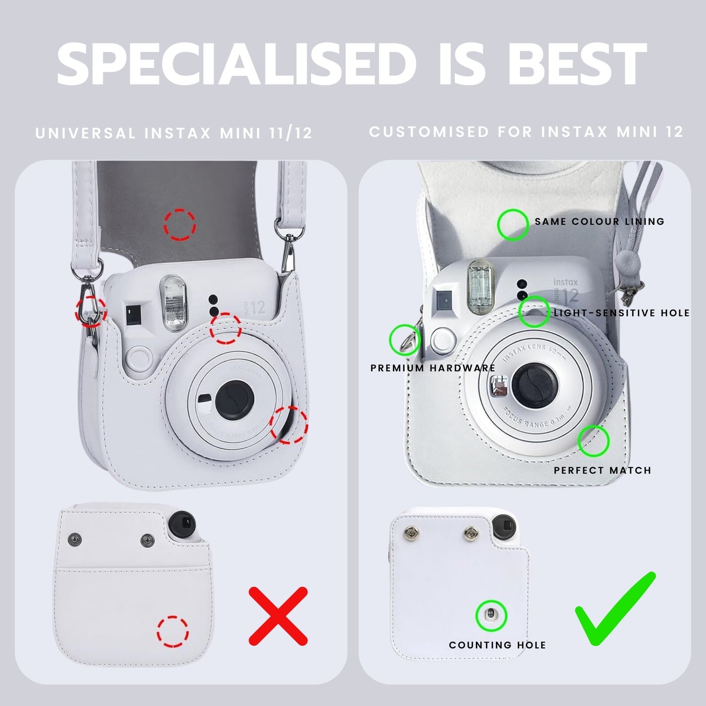 Clikoze Instant Camera Accessories Bundle for Instax Mini 12 - including Case, Album, Selfie Mirror & More (Clay White)