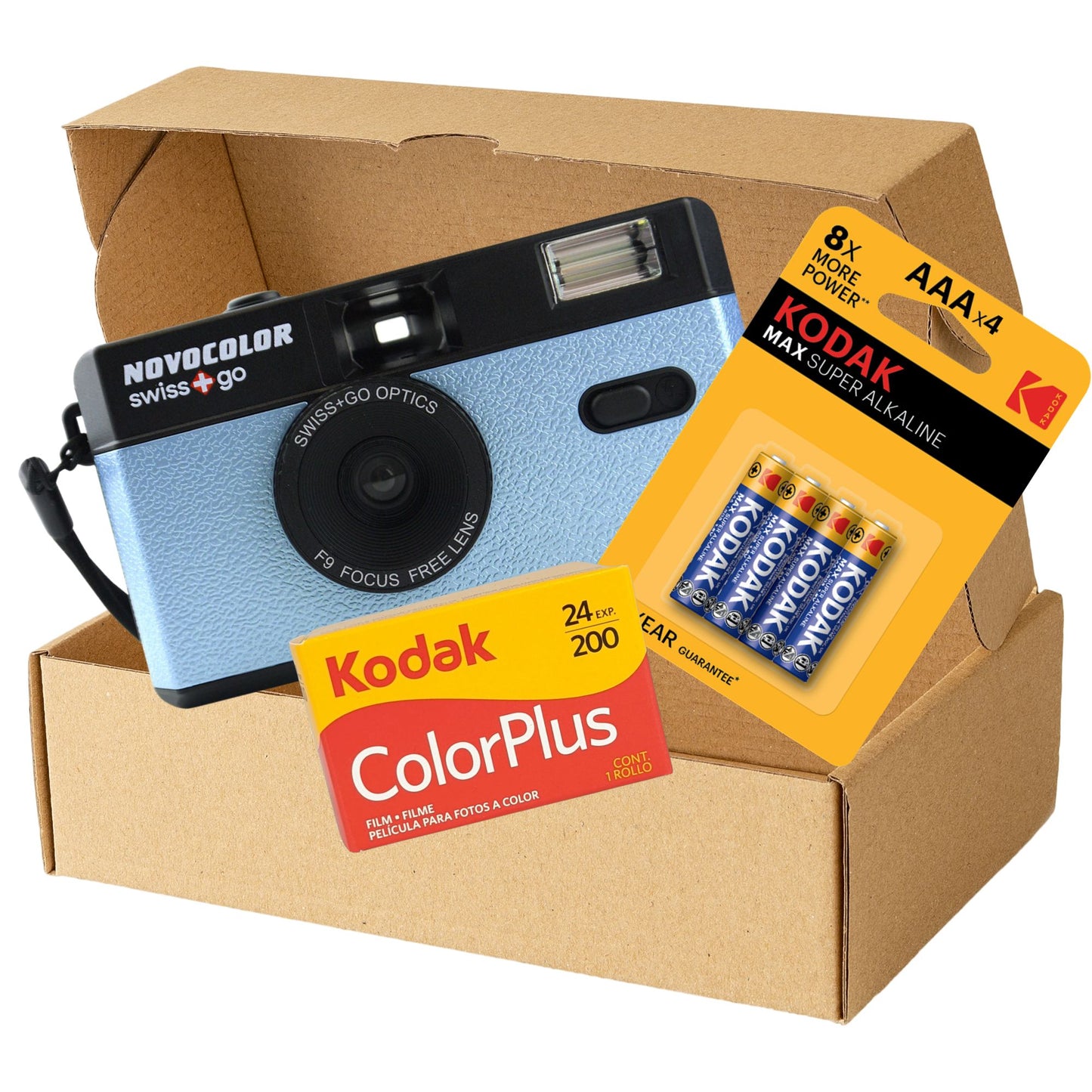 Swiss+Go Novocolor Reusable 35mm Film Camera with Kodak Colour Plus Film, Batteries & Tips Card (Blue)