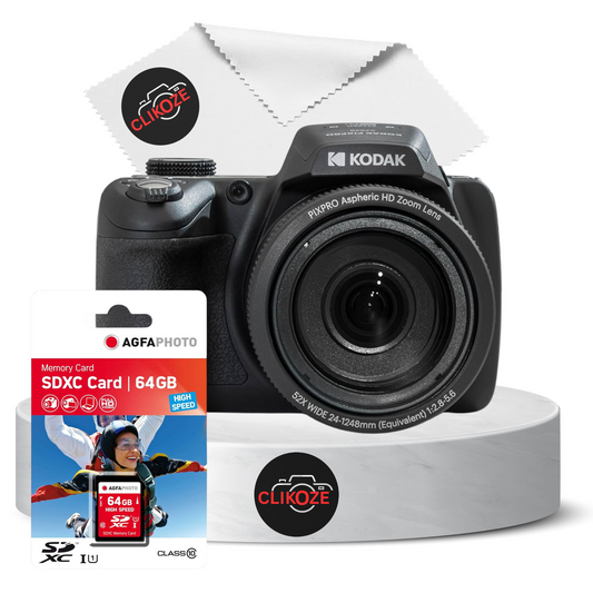 KODAK Pixpro AZ528 Digital Bridge Camera in black, featuring 16 megapixels and 1080p video, bundled with a 64GB memory card and Clikoze cleaning cloth.