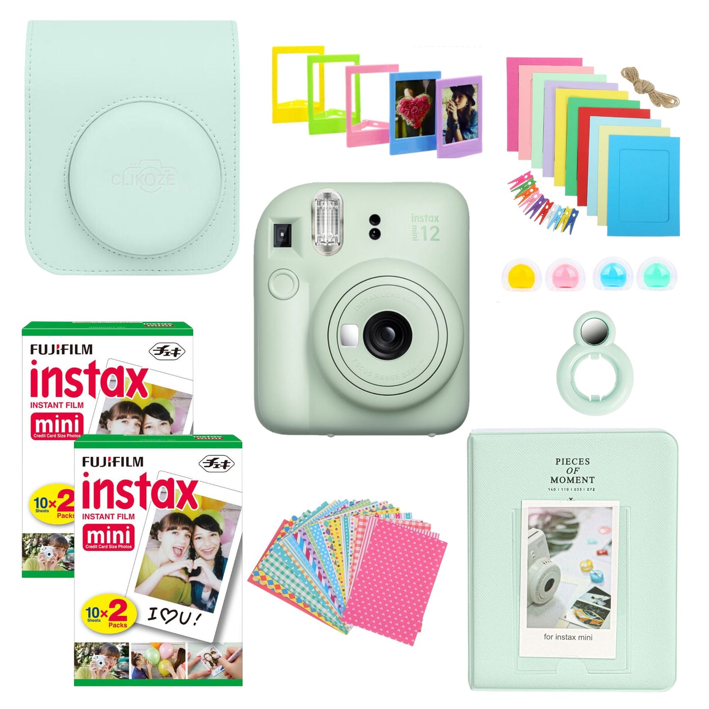 Capture memories in style with the Clikoze Fujifilm Instax Mini 12 Camera Bundle. This all-in-one kit includes the Instax Mini 12 camera, film, a stylish case, album, stickers, and more. Perfect for instant photo enthusiasts! Get yours now for endless fun and creativity.