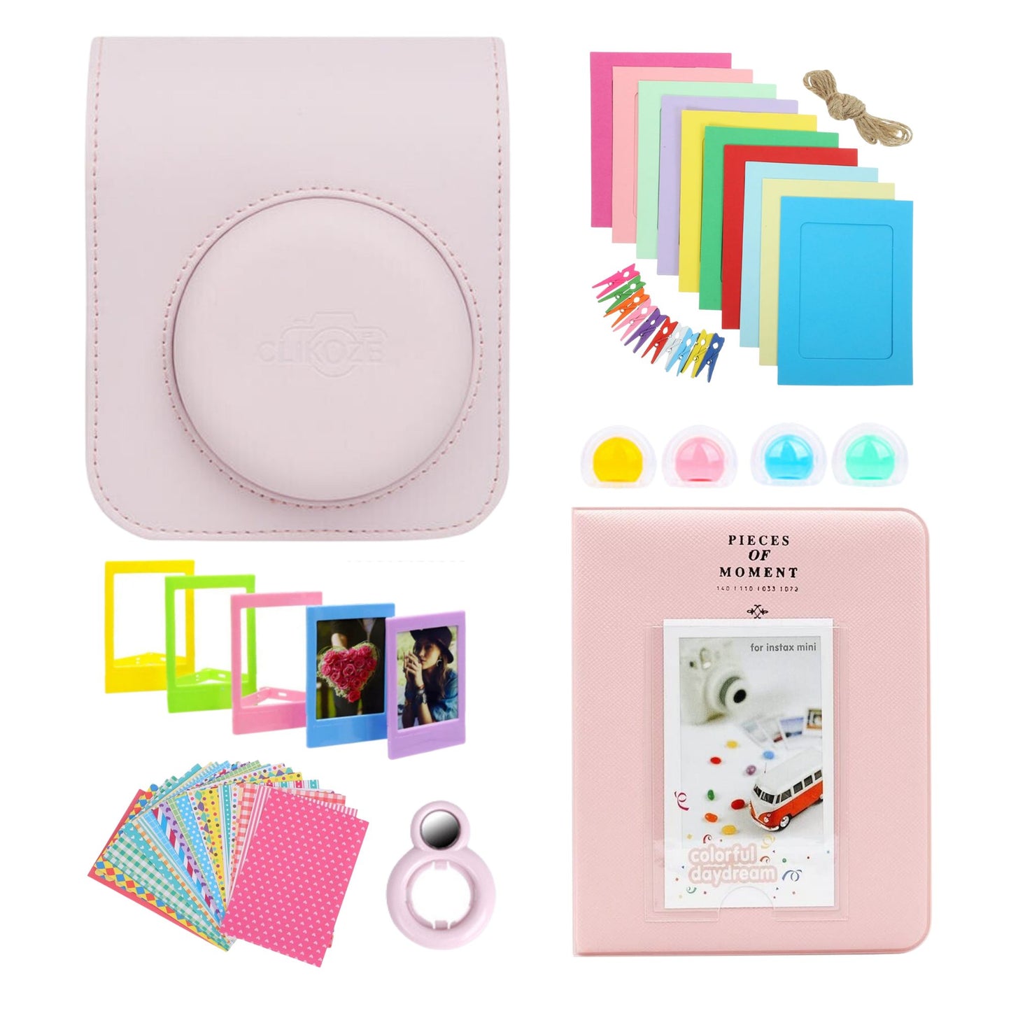Elevate your Instax Mini 12 with the Clikoze Accessories Bundle! Includes a Fujifilm Mini 12 case, mini album, selfie mirror, film stickers, colour filters, and more in Blossom Pink. Perfect for capturing and showcasing your memories in style. Shop now!