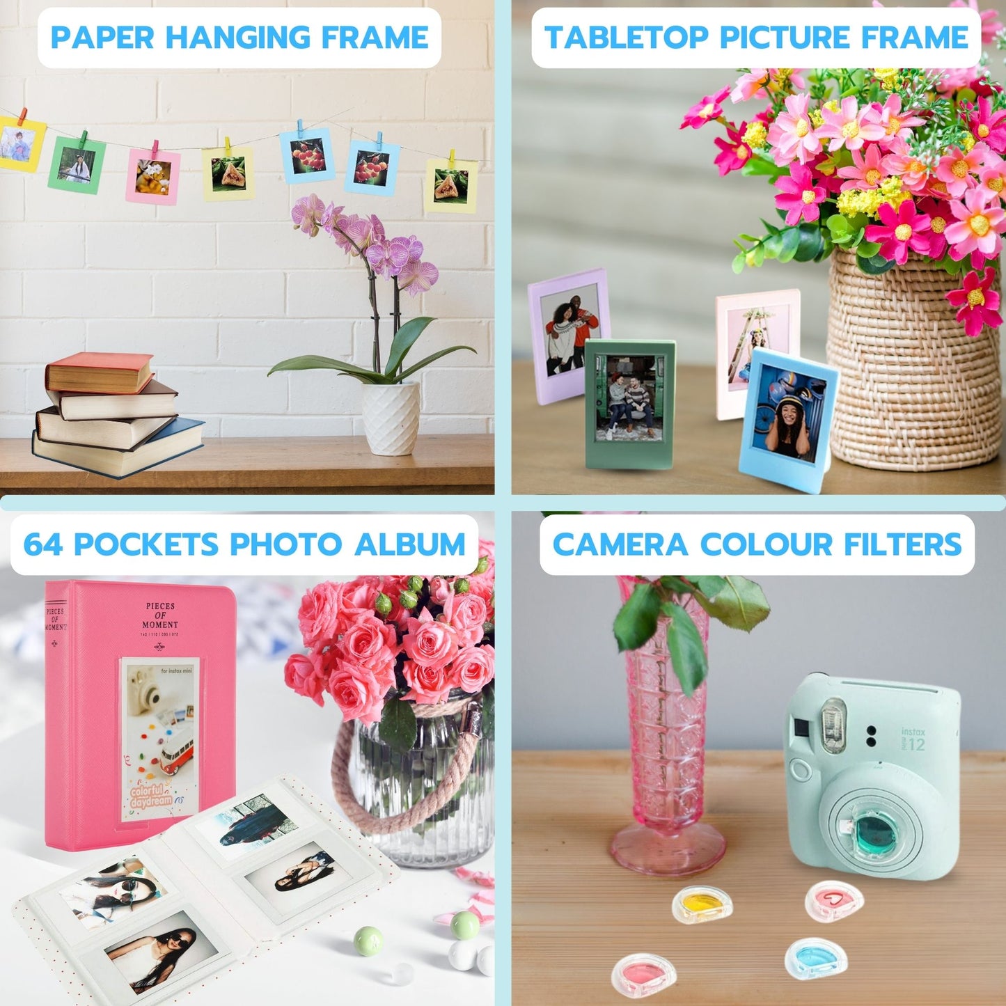Clikoze Instant Camera Accessories Bundle for Instax Mini 12 including - Case, Album, Selfie Mirror & More (Pastel Blue)