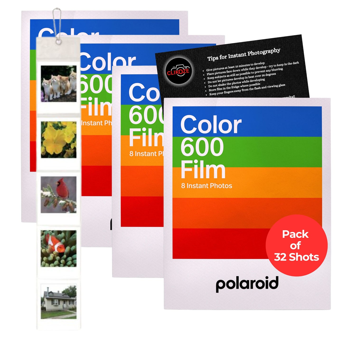 Discover the Clikoze Instant Camera Film Bundle with 32 Polaroid 600 colour shots, a wall-hanging album, and an instant photography tips card. Perfect for capturing and displaying memories with vibrant colours. Ideal for photography enthusiasts. Shop now!
