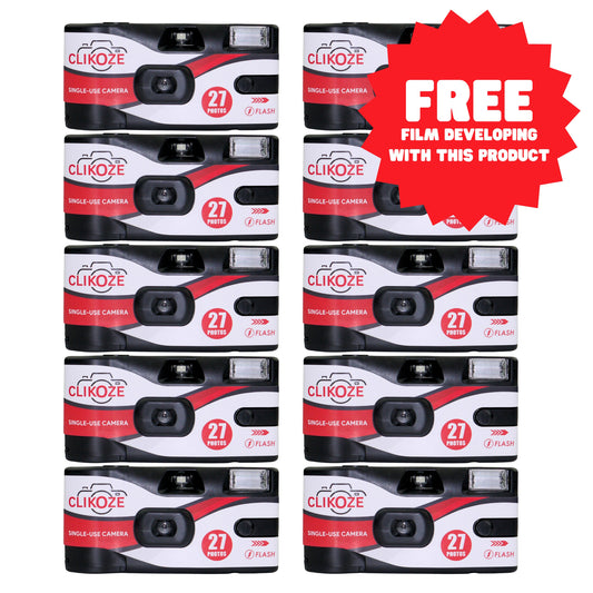 Clikoze 10-pack of disposable cameras, each with 27 exposures and built-in flash. Package includes free developing and high-resolution scans.