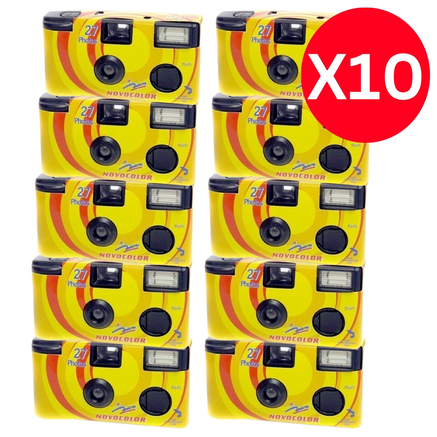 Novocolor APM401004 Disposable Camera Bundle with 10 single-use cameras, each offering 27 exposures, and free film developing included