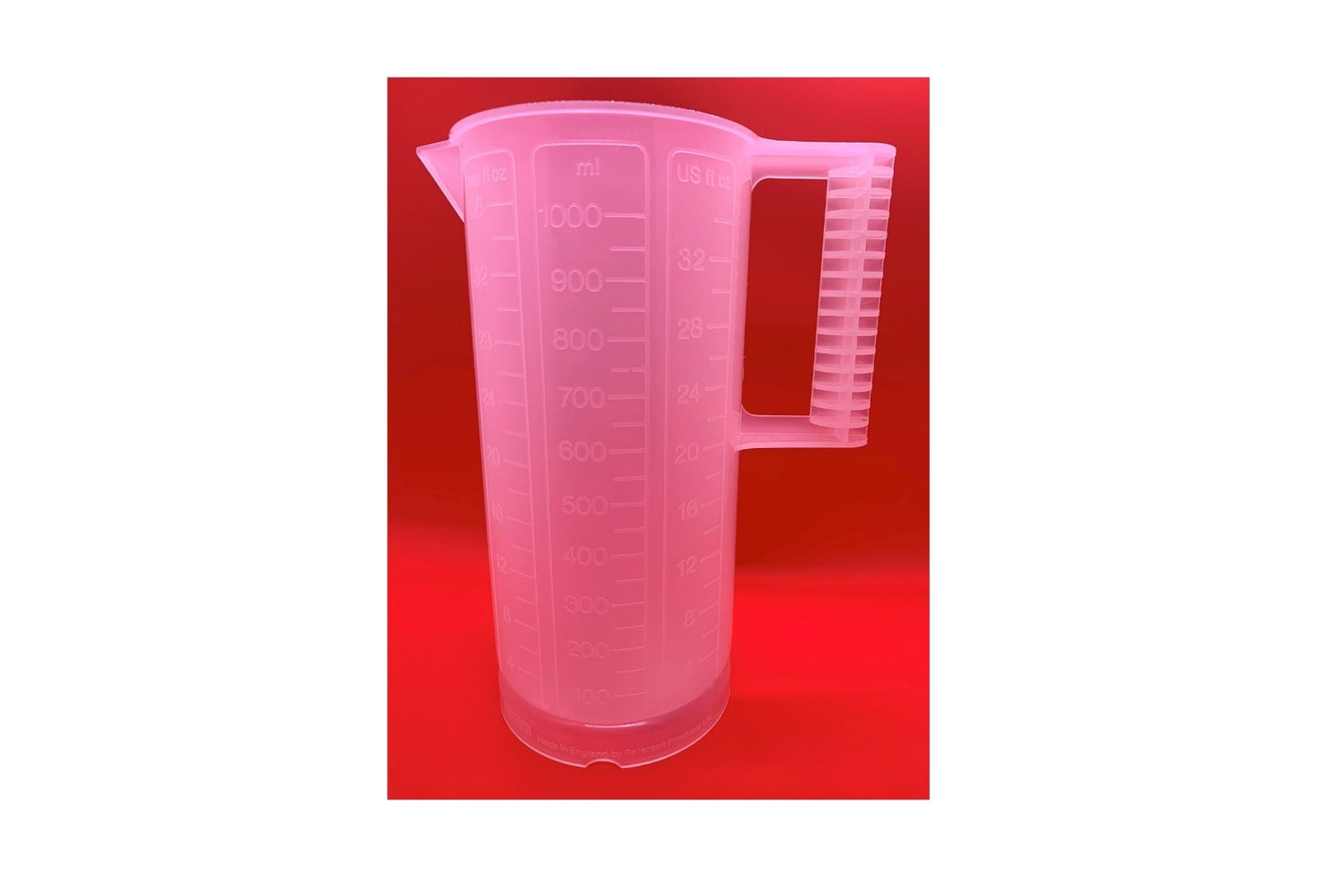 Paterson Mixing Jug, durable polypropylene construction for chemical mixing. Grippable handle, metric, imperial, US scale markings.