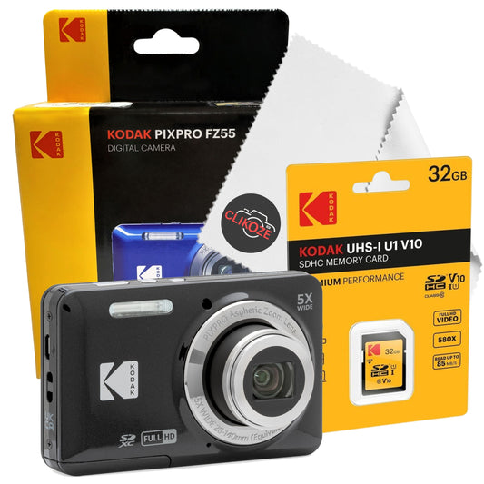 Kodak PIXPRO FZ55 Digital Camera (Black) Bundle with 32GB SD Card & Cleaning Cloth