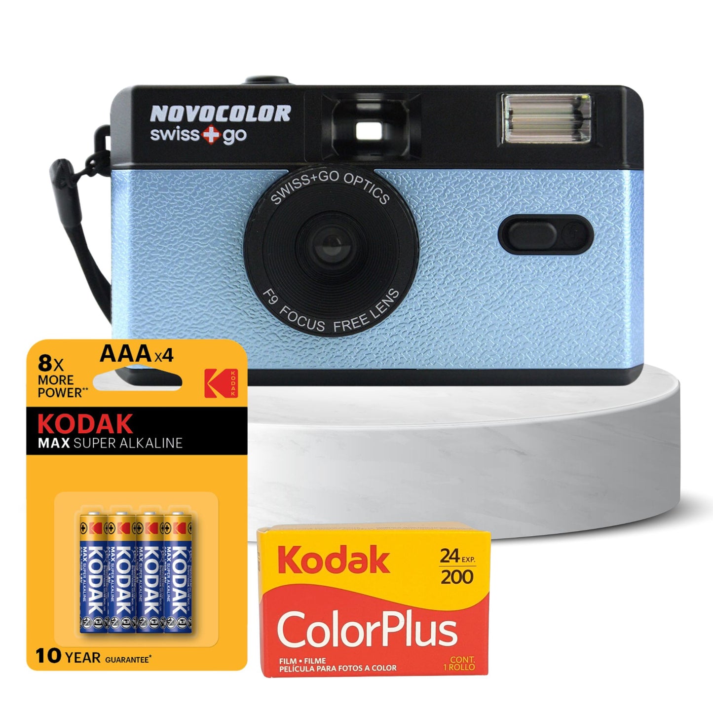 Swiss+Go Novocolor Reusable 35mm Film Camera with Kodak Colour Plus Film, Batteries & Tips Card (Blue)