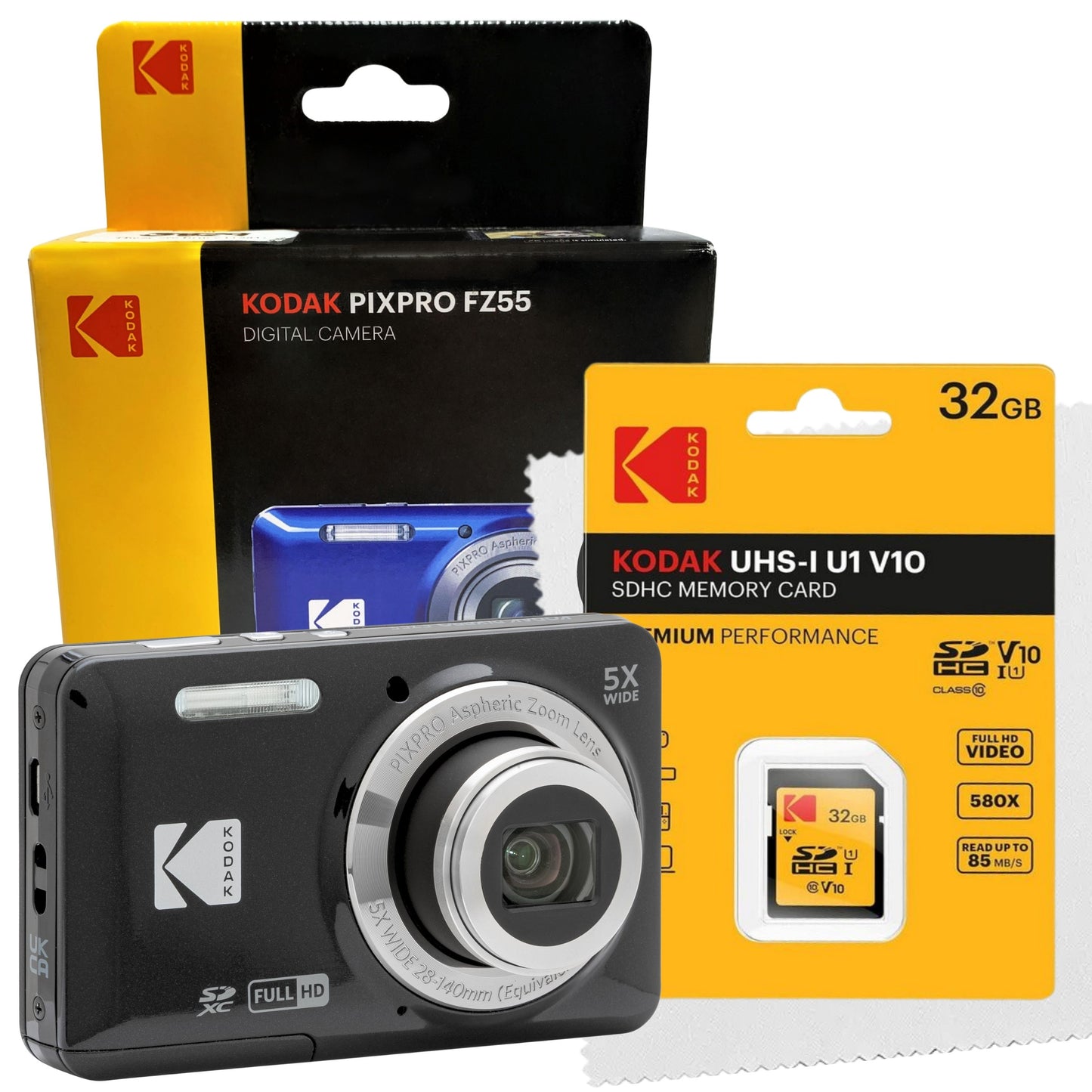 Kodak PIXPRO FZ55 Digital Camera (Black) Bundle with 32GB SD Card & Cleaning Cloth