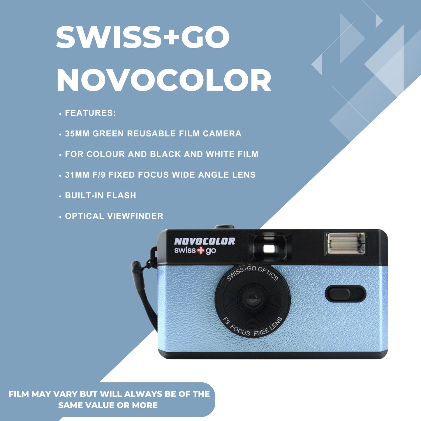 Swiss+Go Novocolor Reusable 35mm Film Camera with Kodak Colour Plus Film, Batteries & Tips Card (Blue)