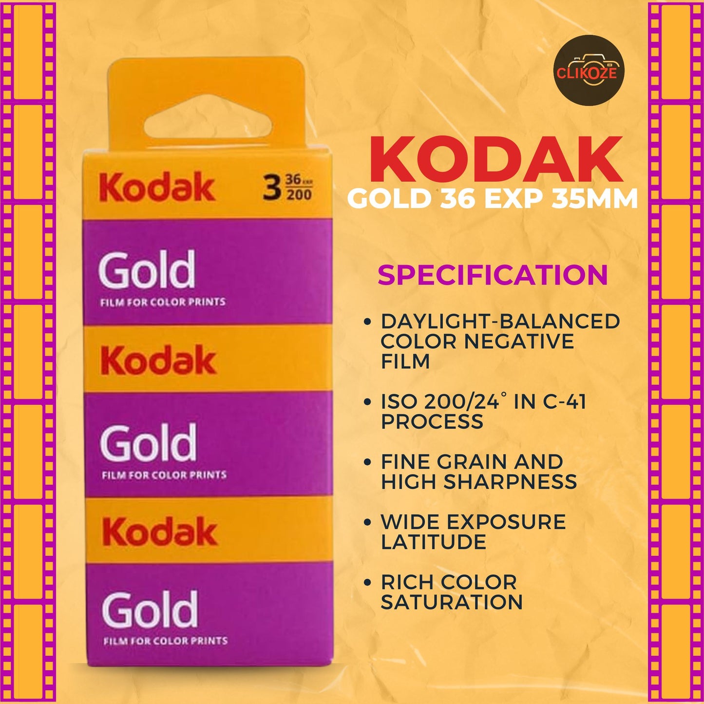 Kodak Gold 200 35mm Film (36 Exp) 3-Pack with Clikoze film holder Case & Tips Card