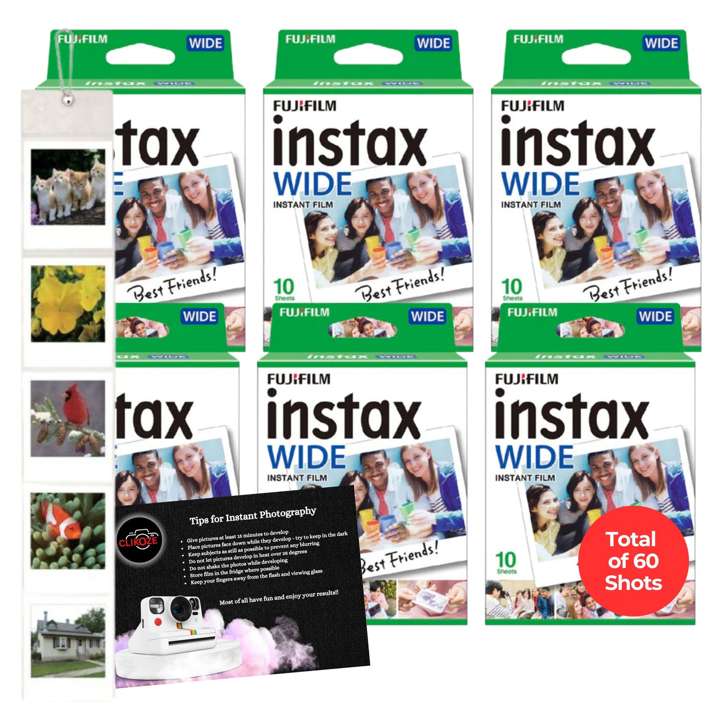Elevate your instant photography with the Clikoze Film Bundle! Includes 60 Fujifilm Instax Wide shots, a wall-hanging Instax Square photo album, and a photography tips card. Perfect for capturing and displaying vivid, larger prints. Shop now for complete convenience!