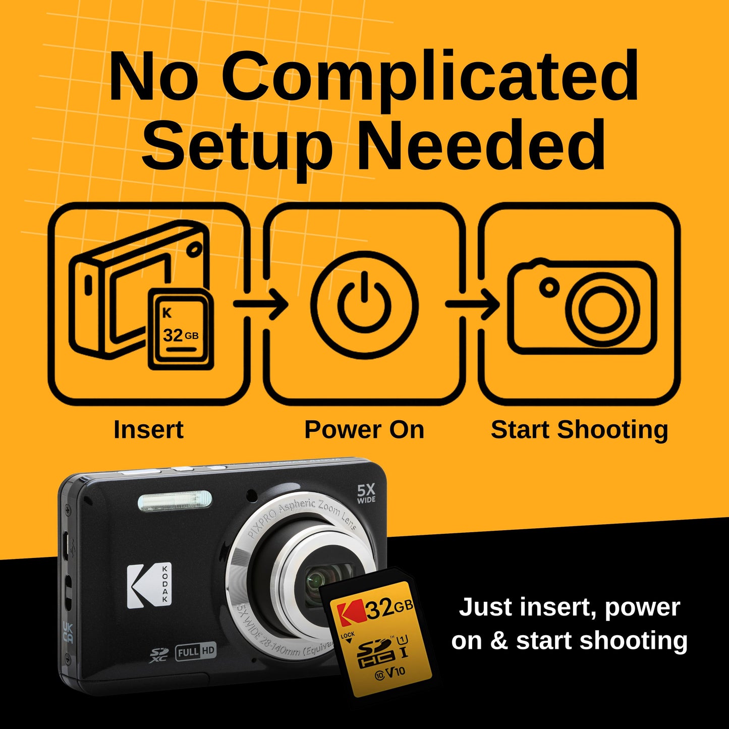Kodak PIXPRO FZ55 Digital Camera (Black) Bundle with 32GB SD Card & Cleaning Cloth