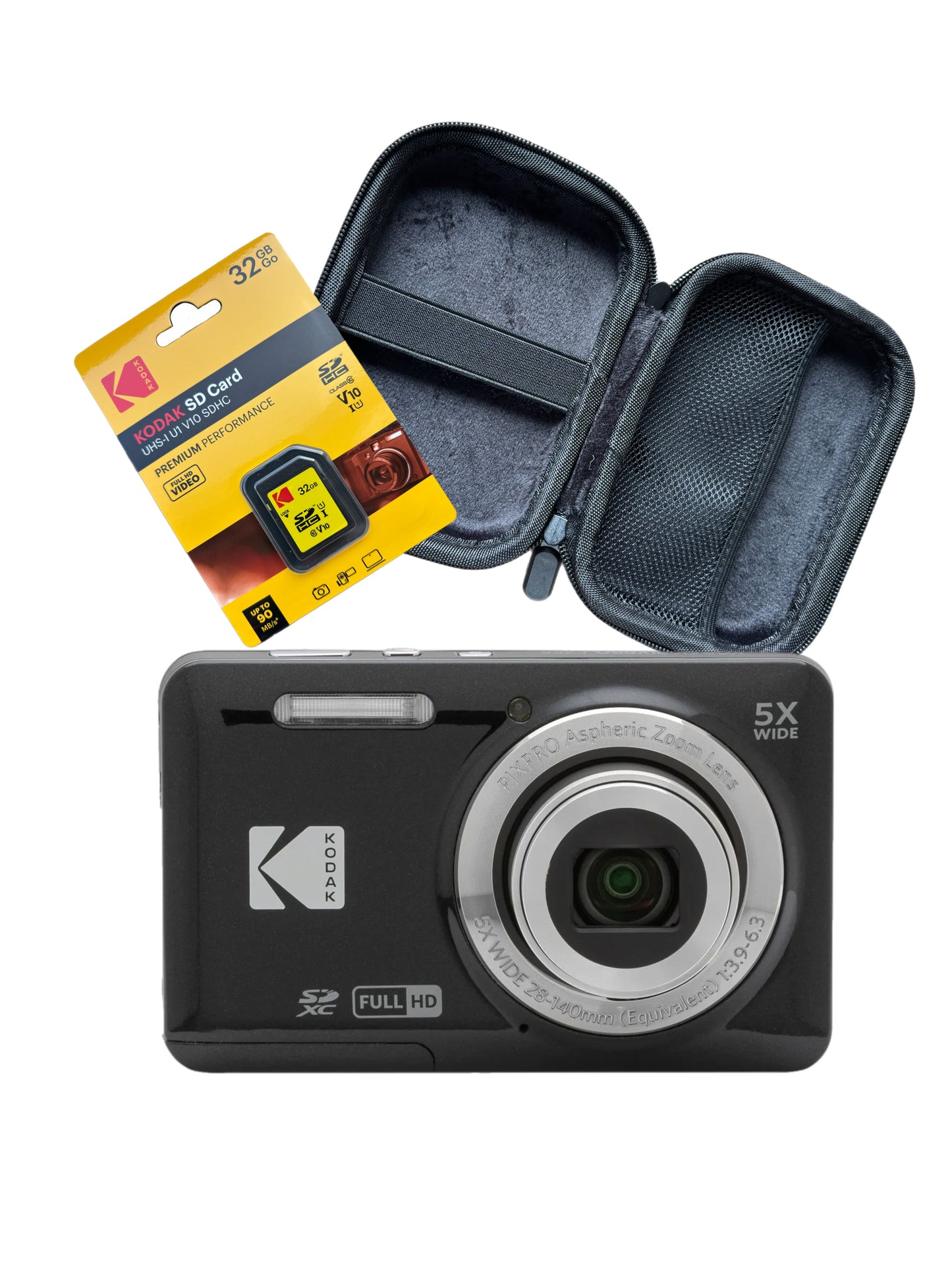 Kodak PIXPRO FZ55 Digital Camera (Black) Bundle with 32GB SD Card,Cloth & Hard Case