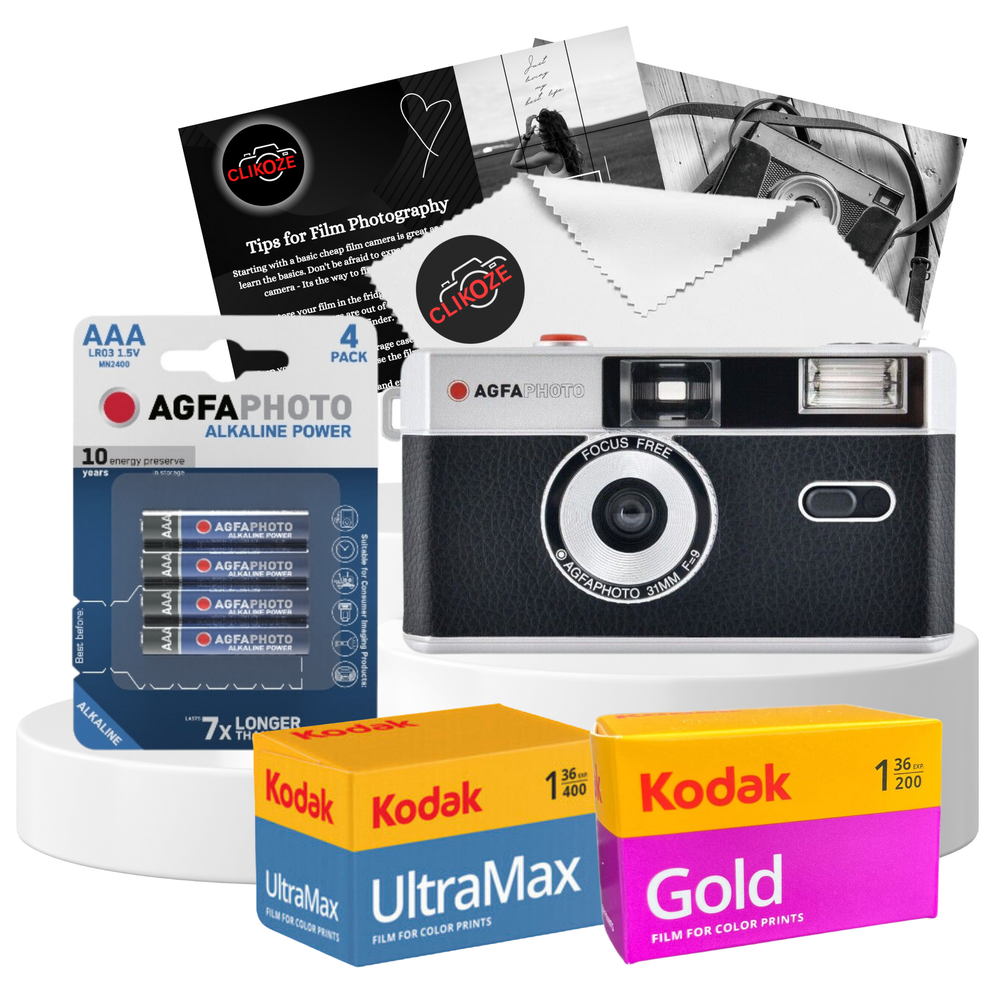 AgfaPhoto 35 mm Analogue Film Camera in black, accompanied by Kodak Ultramax and Gold film, plus a AAA battery for instant use.