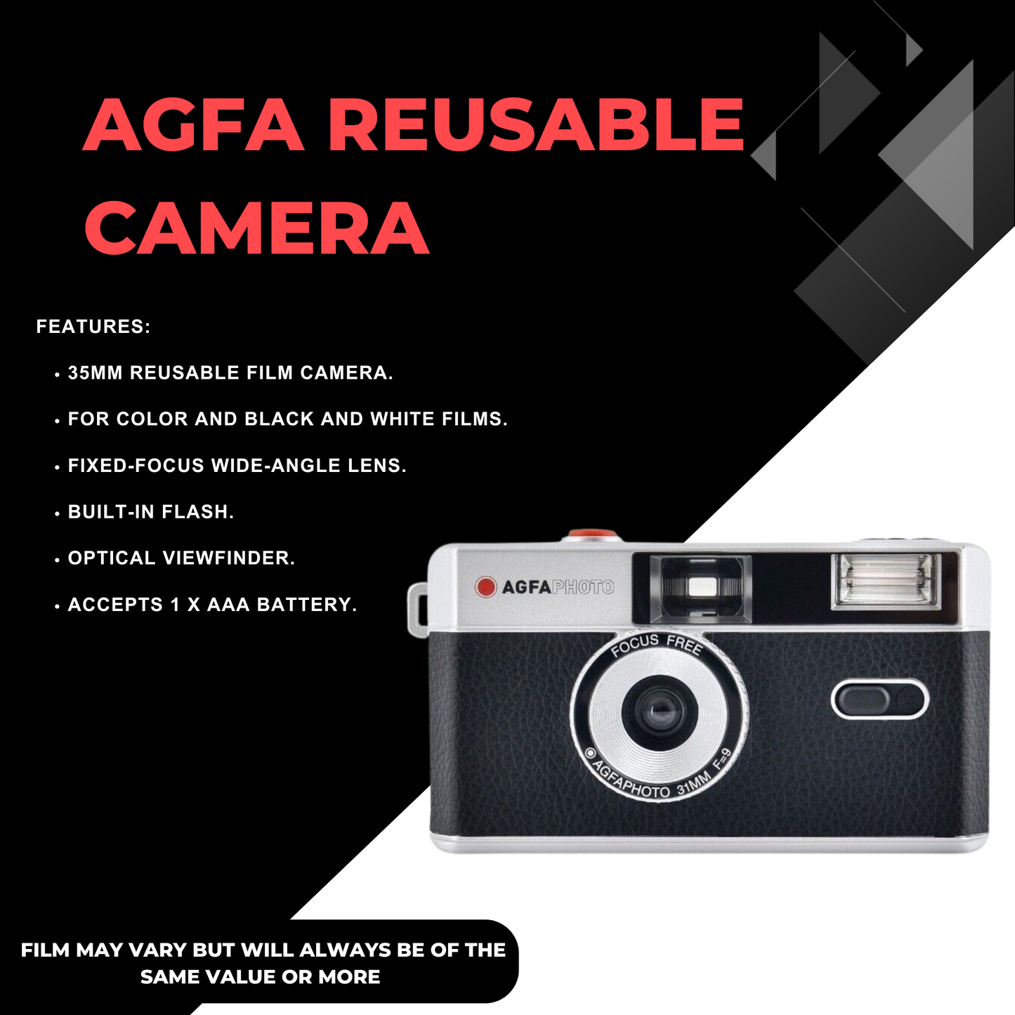 AgfaPhoto 35 mm Analogue Film Camera - Black with Kodak Ultramax, Gold Film & AAA Battery