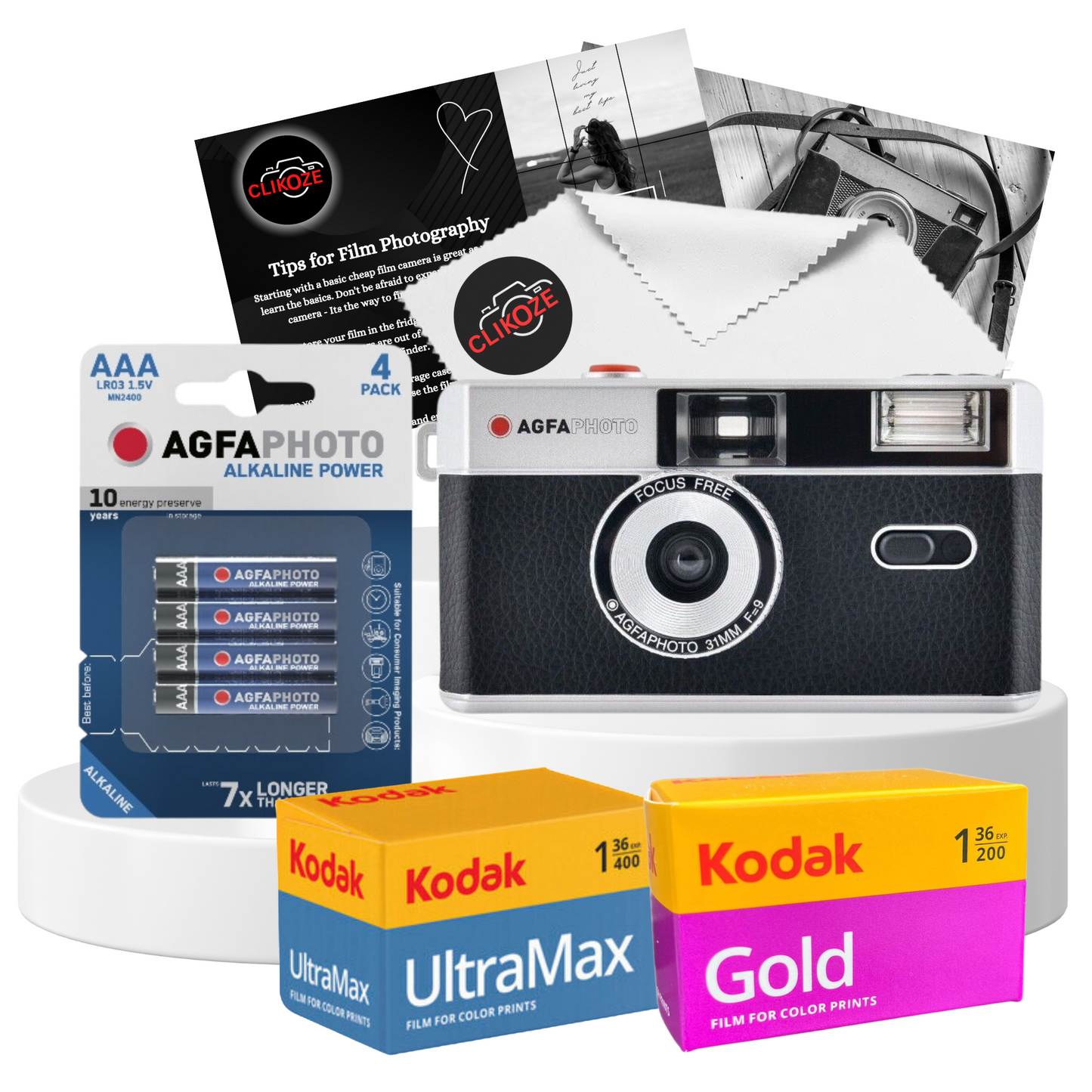 AgfaPhoto 35 mm Analogue Film Camera - Black with Kodak Ultramax, Gold Film & AAA Battery