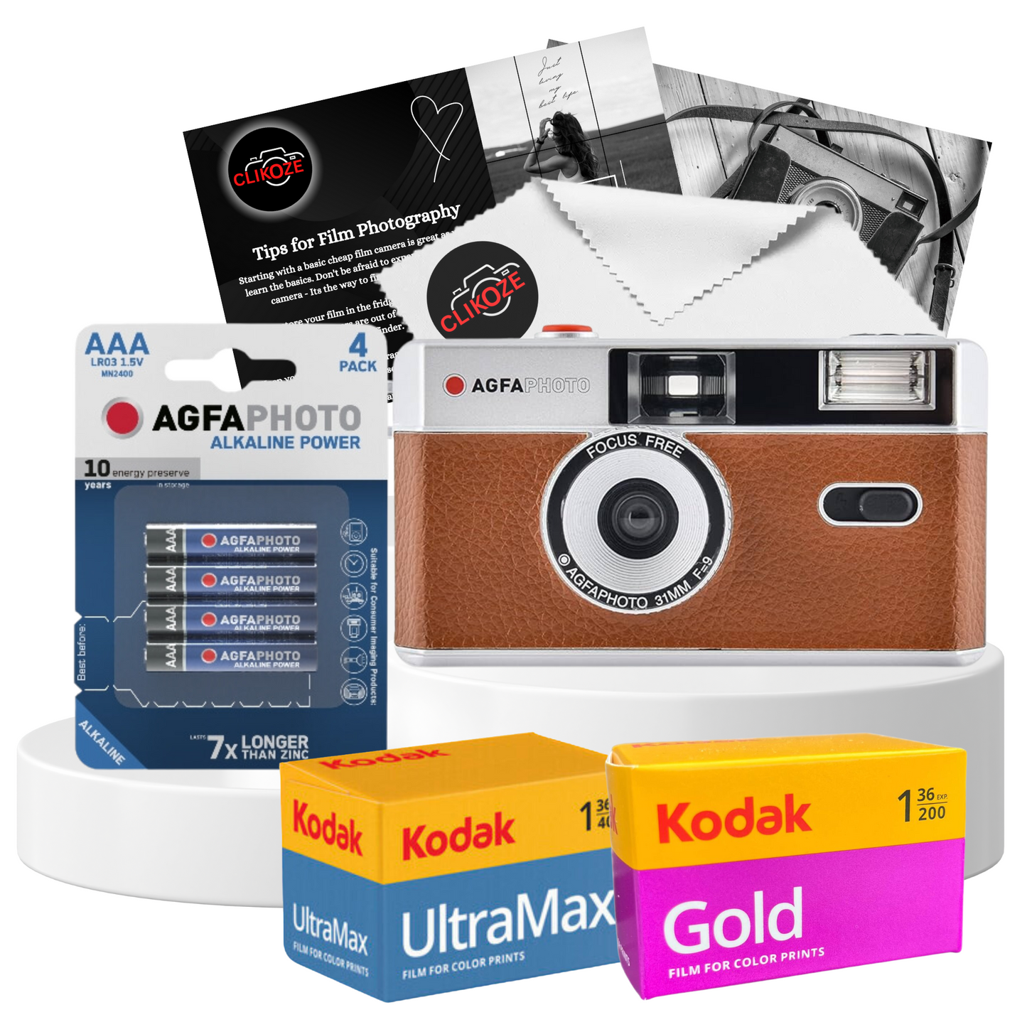 AgfaPhoto 35 mm Analogue Film Camera - Black with Kodak Ultramax, Gold Film & AAA Battery
