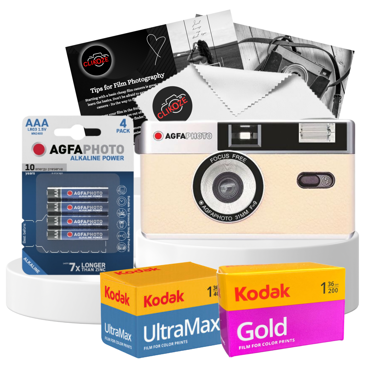 AgfaPhoto 35 mm Analogue Film Camera - Black with Kodak Ultramax, Gold Film & AAA Battery