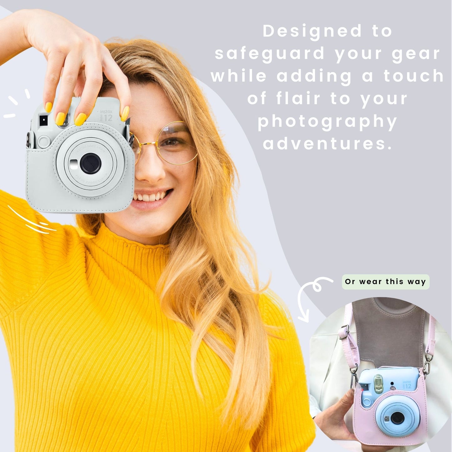 Clikoze Instant Camera Accessories Bundle – Fujifilm Mini 12 Case, Album, Selfie Mirror & More (Clay White)