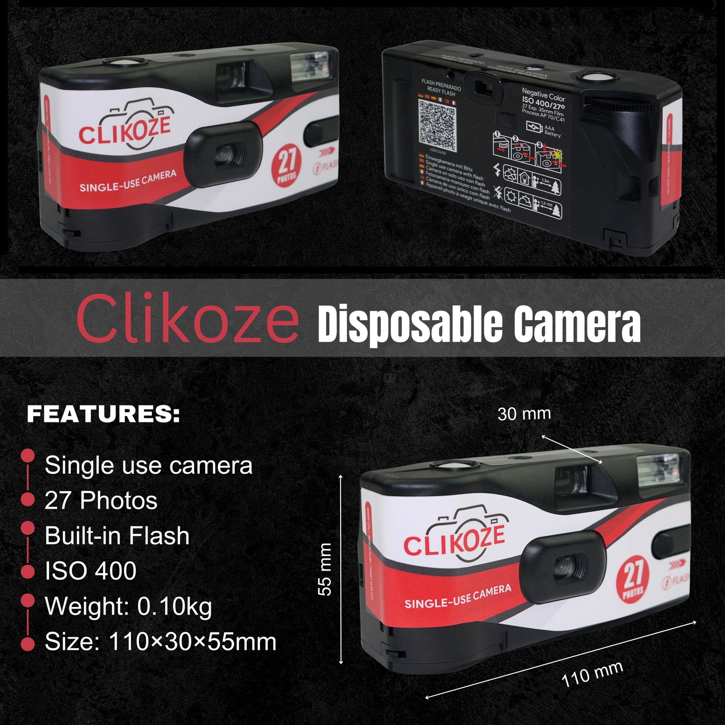 Clikoze Disposable Camera 27 Exposures | ISO 400 35mm Film with Flash