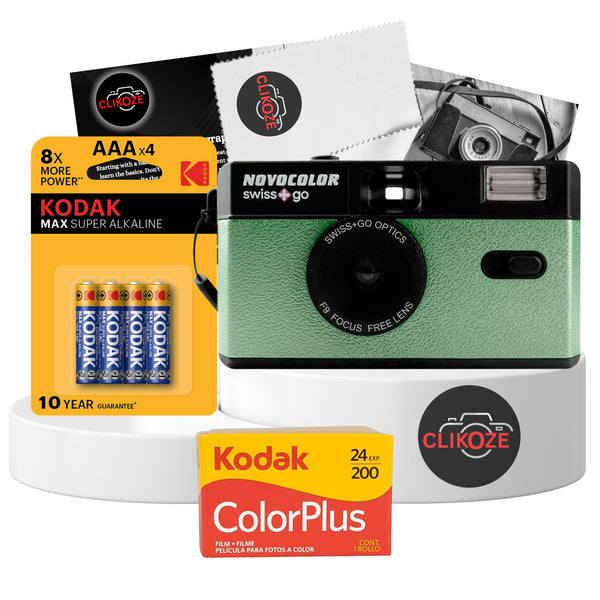 Green Swiss+Go Novocolor 35mm Reusable Camera with Kodak Color Plus Film, Flash, Battery and Film Photography Tips Card