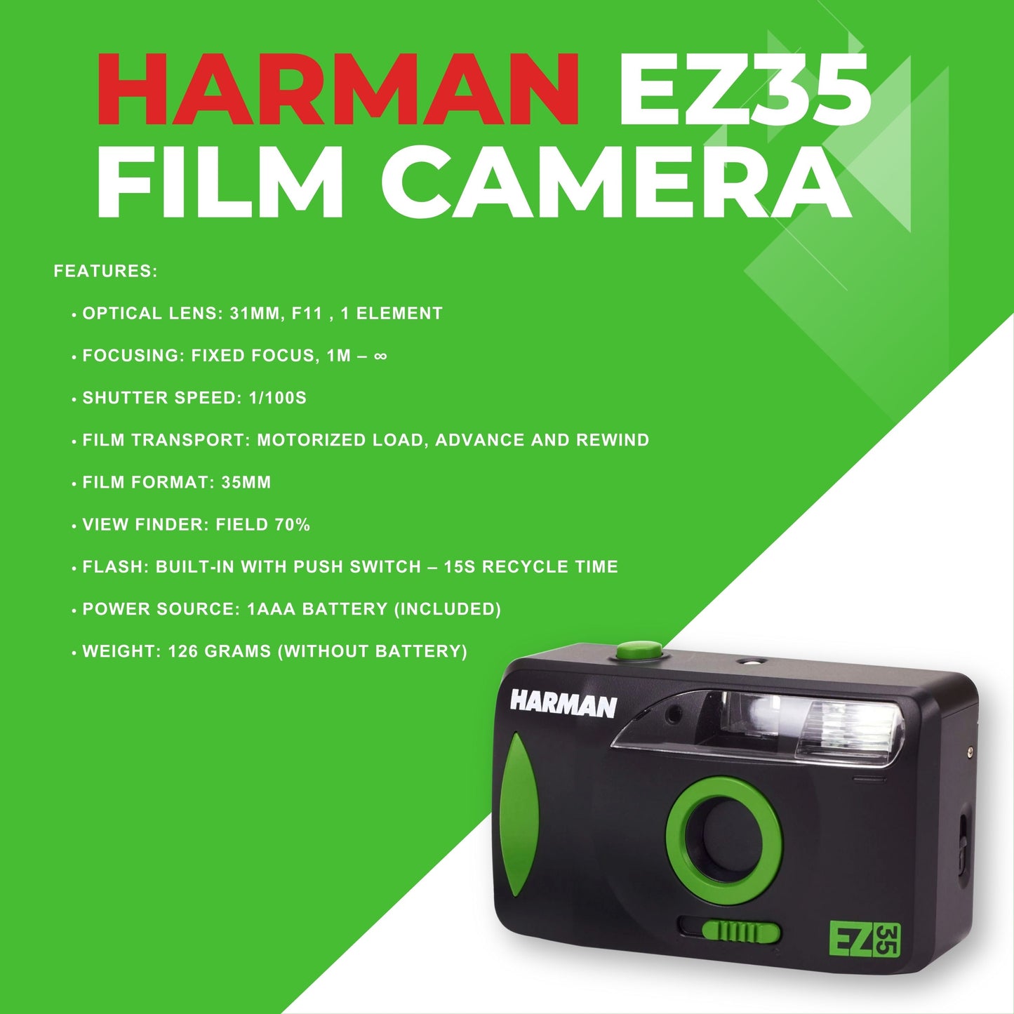 Harman EZ35 Film Camera Bundle with Battery, Colorplus 36 Exp Film, Tips Card & Cloth