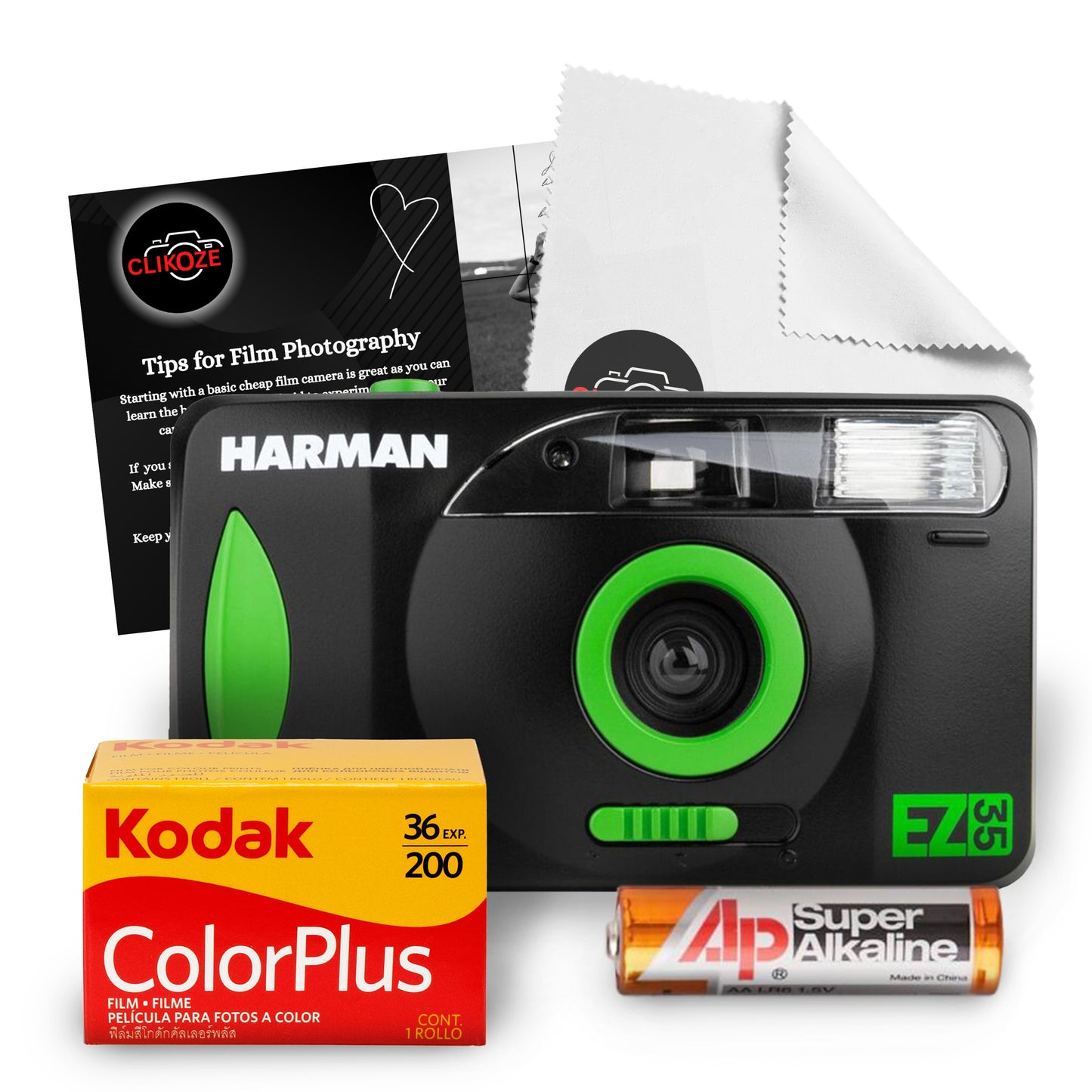 Harman EZ35 Film Camera Bundle including a camera, battery, Colorplus 36 exposure film, tips card, and cleaning cloth.