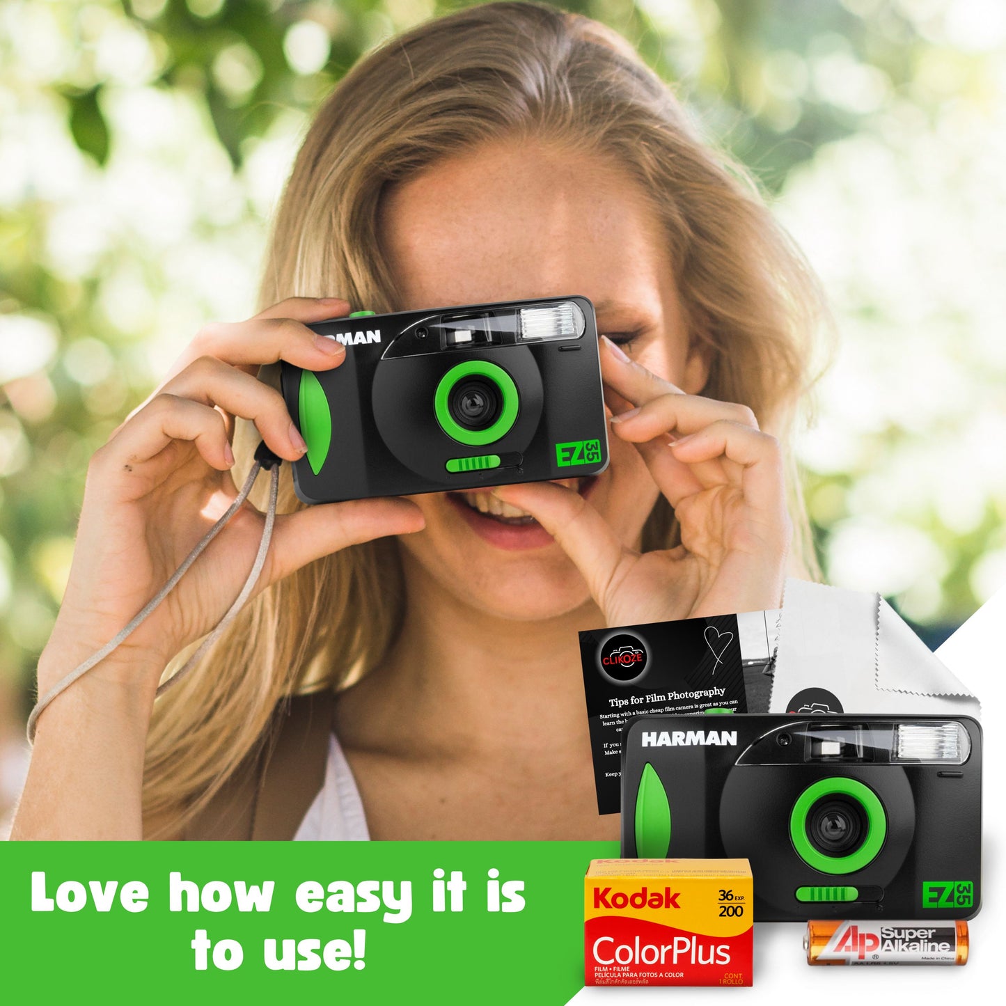 Harman EZ35 Film Camera Bundle with Battery, Colorplus 36 Exp Film, Tips Card & Cloth