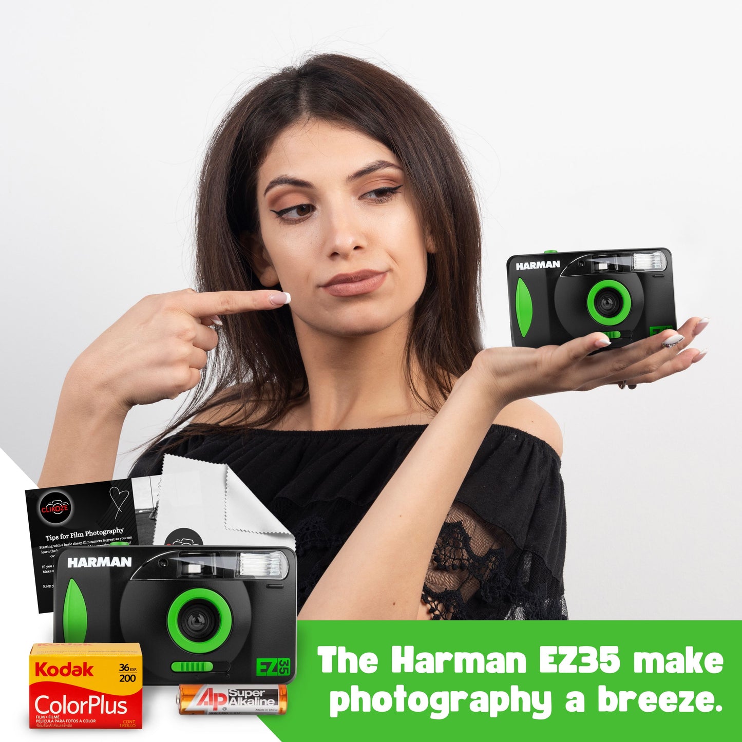 Harman EZ35 Film Camera Bundle with Battery, Colorplus 36 Exp Film, Tips Card & Cloth