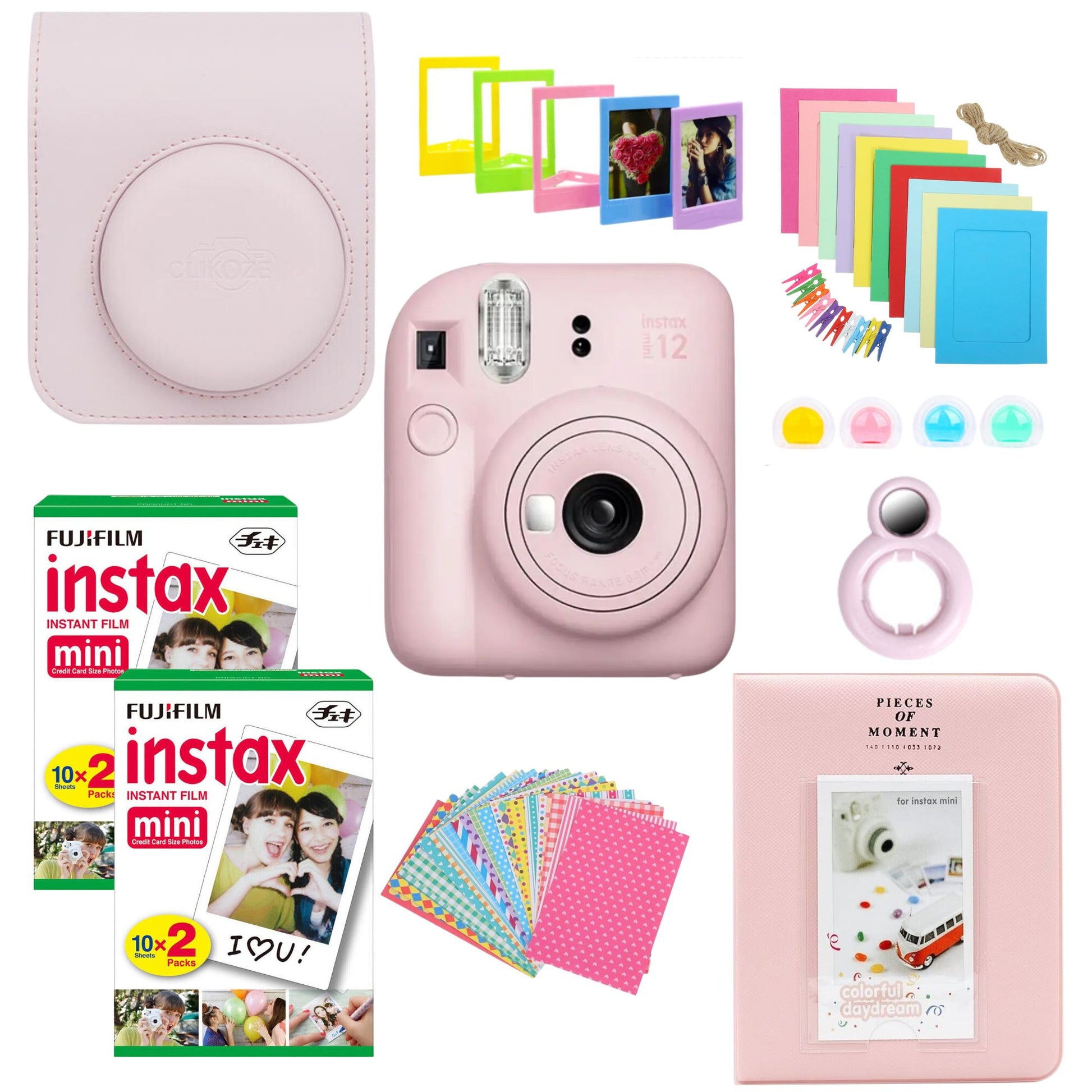 Clikoze Instant Camera Bundle with Fujifilm Instax Mini 12: Includes camera, 40 Instax Mini film shots, case, album, stickers, colour filters, and more. Capture and display memories effortlessly. Perfect for photography enthusiasts. Shop now!