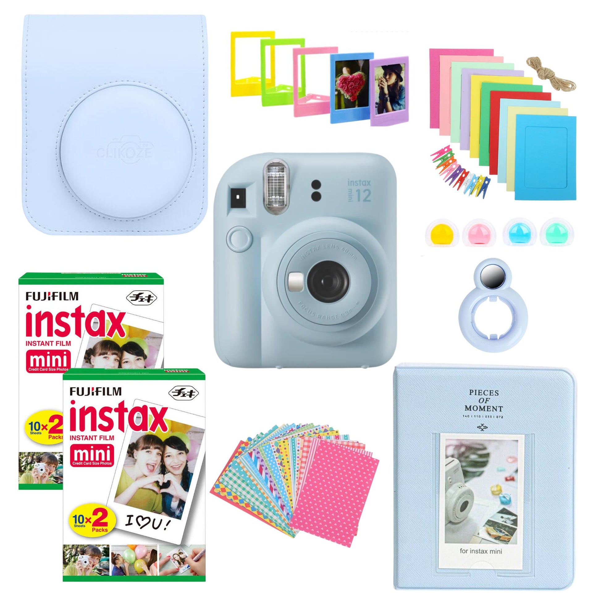Capture memories in style with the Clikoze Fujifilm Instax Mini 12 Camera Bundle. This all-in-one kit includes the Instax Mini 12 camera, film, a stylish case, album, stickers, and more. Perfect for instant photo enthusiasts! Get yours now for endless fun and creativity.
