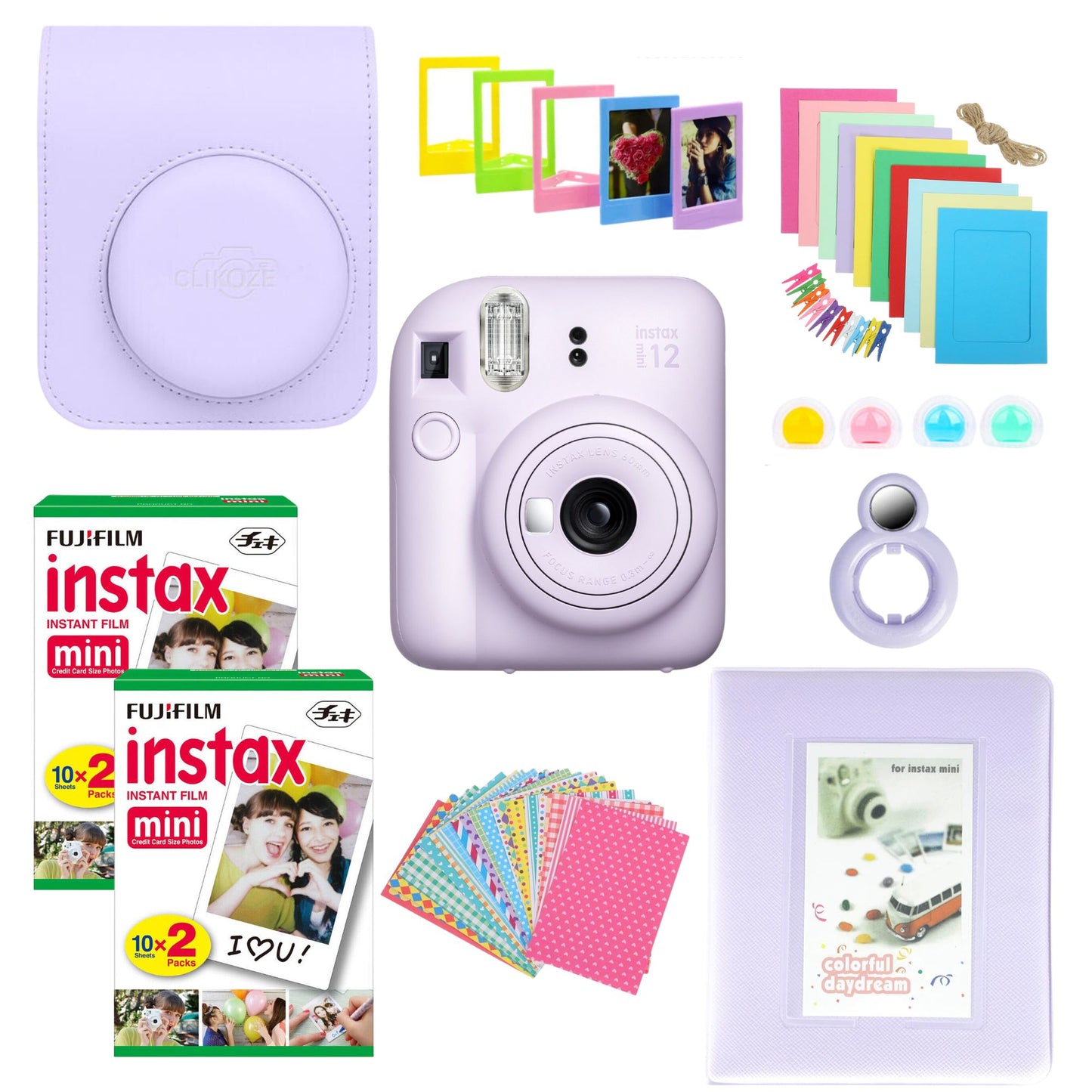 Capture memories in style with the Clikoze Fujifilm Instax Mini 12 Camera Bundle. This all-in-one kit includes the Instax Mini 12 camera, film, a stylish case, album, stickers, and more. Perfect for instant photo enthusiasts! Get yours now for endless fun and creativity.